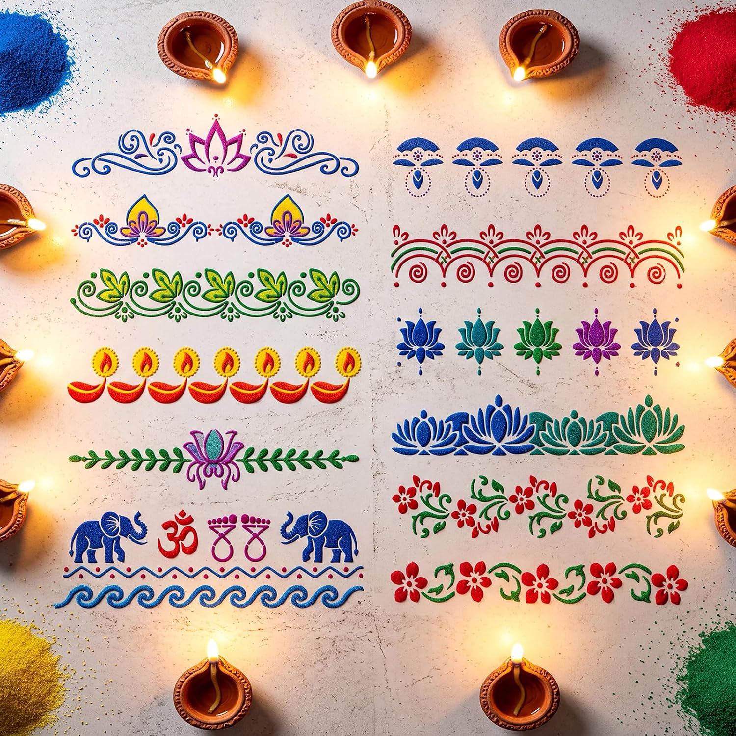 12 Pcs 12'' Diwali Rangoli Stencils and Frame DIY Sand Art Kit