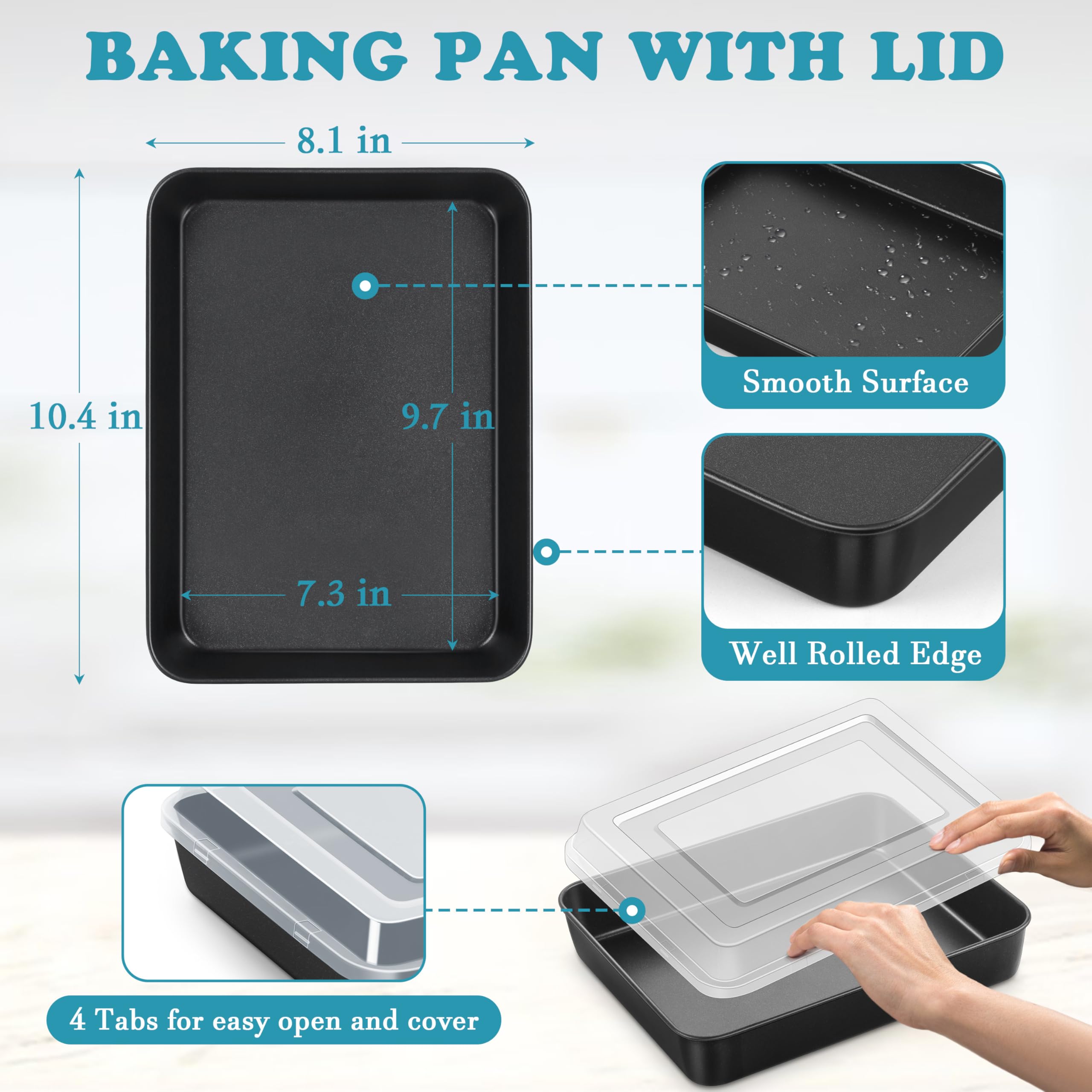 E-far Molde pequeño para hornear con tapa, molde rectangular de acero inoxidable antiadherente de 10.4 x 8 pulgadas con tapa para hornear brownies, lasaña, núcleo de acero inoxidable y revestimiento