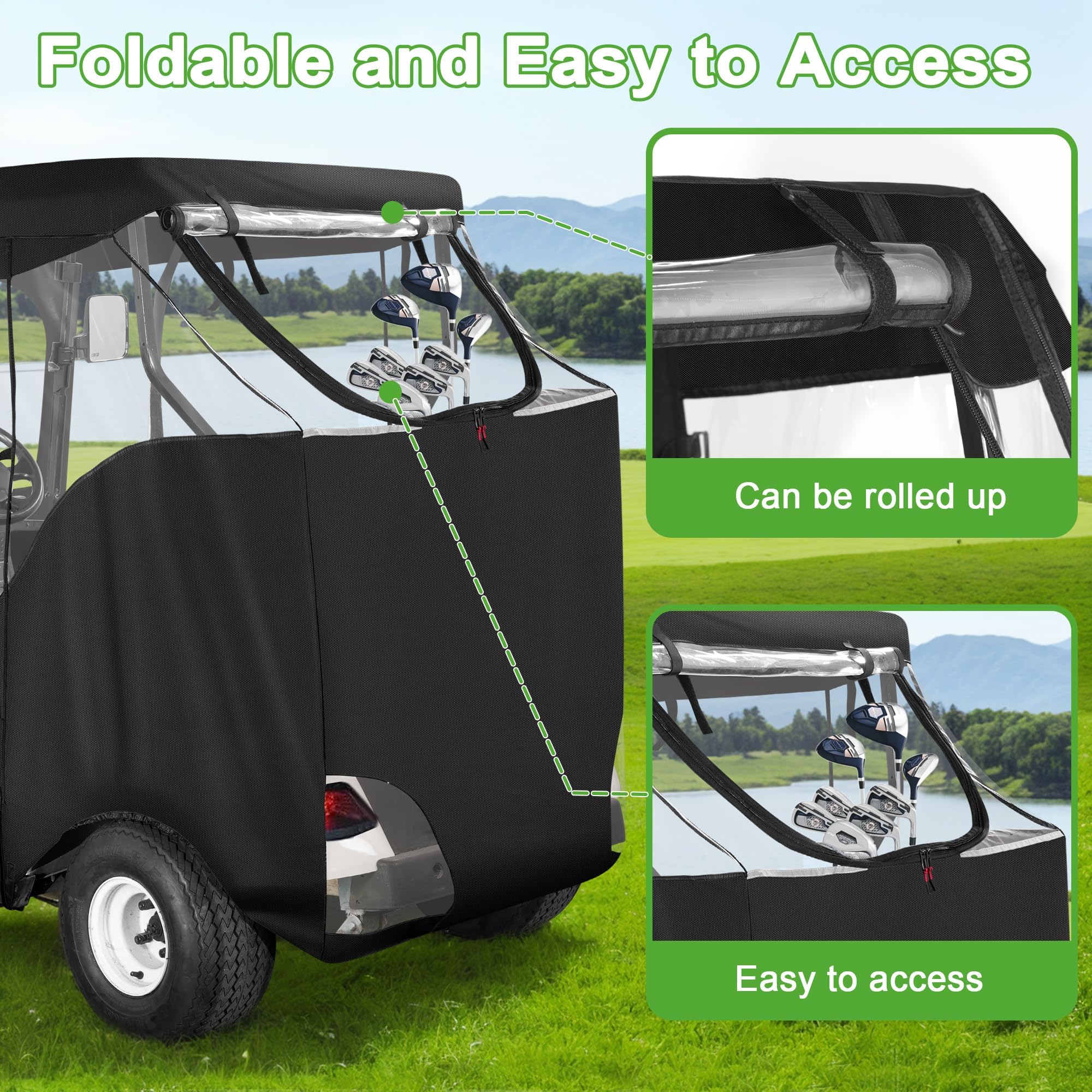 10L0L 2 Passagier Golfwagen Gehäuse Abdeckung für EZGO TXT RXV Golf Cart, 4-seitiges klares Fenster wasserdichte Golfwagen Fahren Regen Abdeckung, Schwarz
