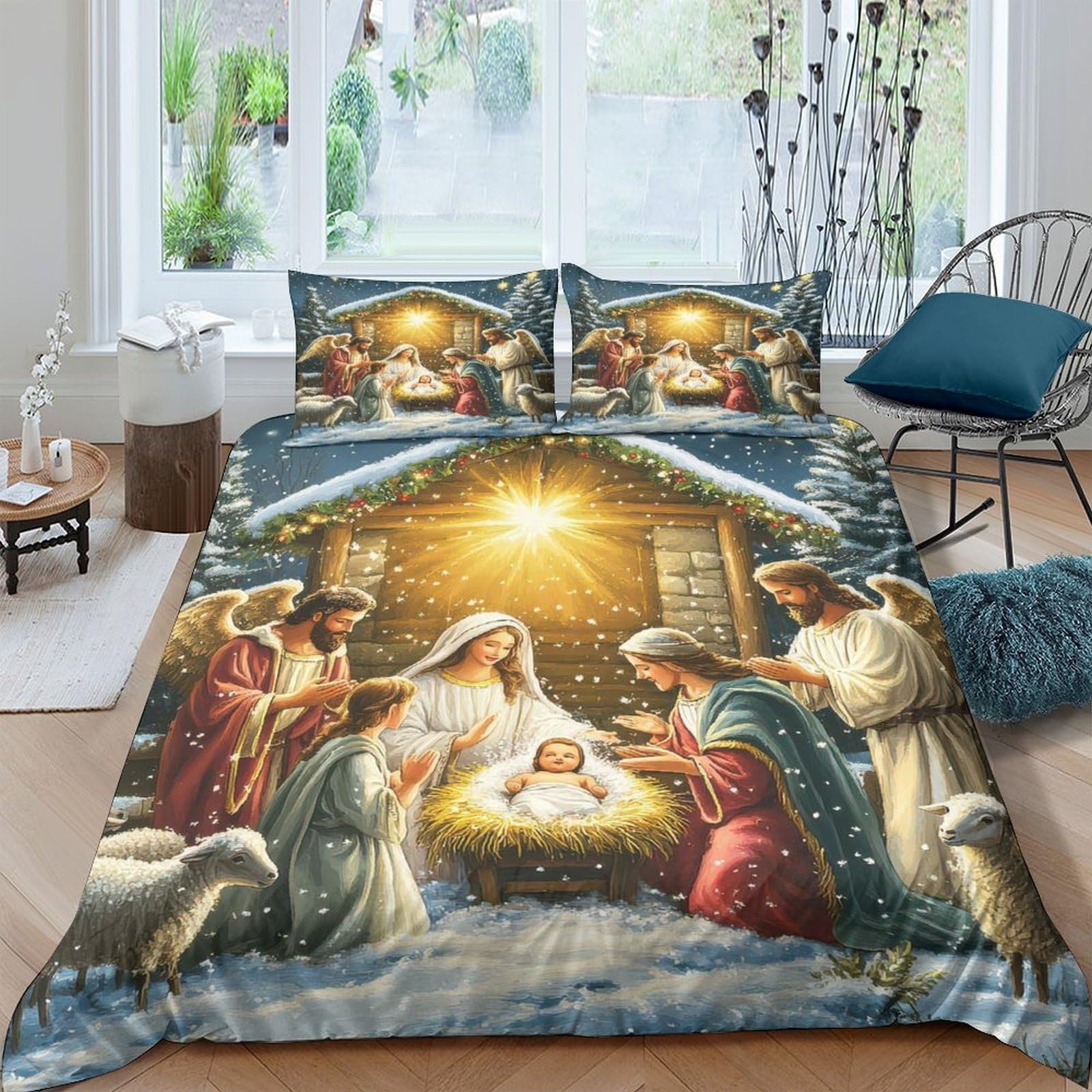 Ctjqhvkz Style-2 3D Printed Nativity Scene Fitted Sheet Microfiber Soft Christmas Jesus Birth Mattress Cover For Bedroom Guest Room Decor Single（135X200cm）