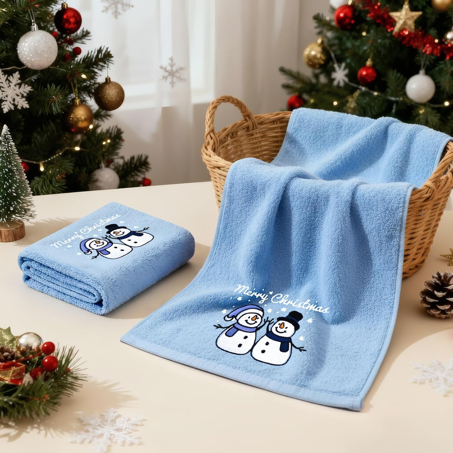 Funny Christmas Snowman Hand Towels for Bathroom Kitchen - 100% Cotton Soft Absorbent Winter Holiday Bath Towels Cute Decor - Fun Novelty Christmas Xmas Secret Santa Gifts for Women Mom -Set of 2,Blue - Image 2