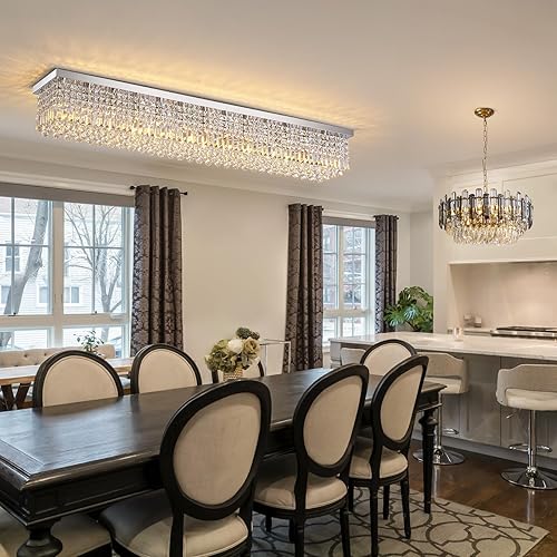 Miniatura 48 de 7PM Candelabro rectangular de cristal K9 moderno colgante rectangular para comedor, cocina, isla dormitorio, color negro, 47 pulgadas de largo x 10