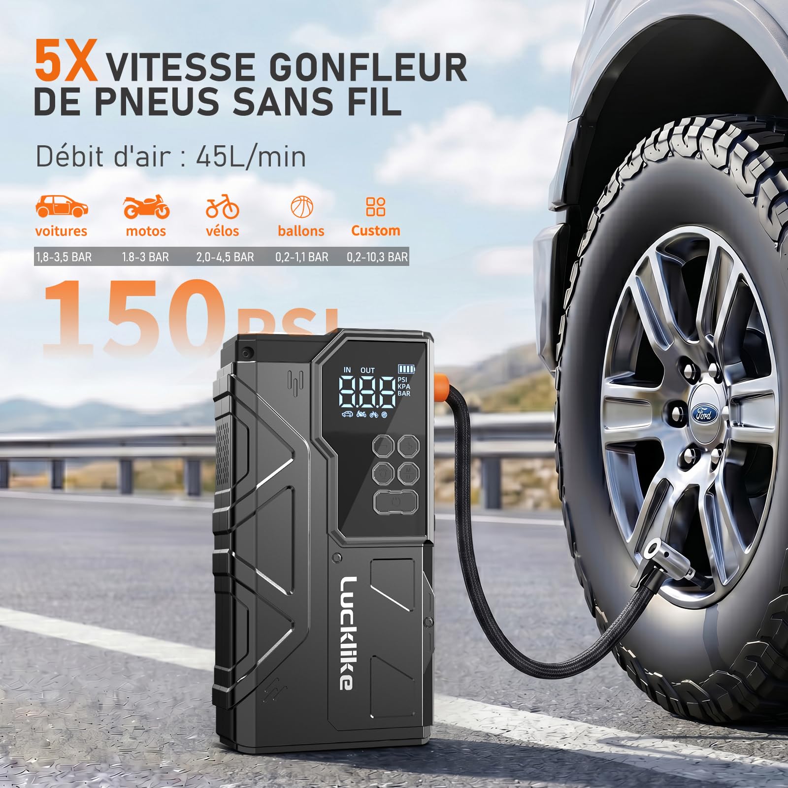 LUCKLIKE W210 Booster Batterie Voiture avec Compresseur, Démarreur Batterie Voiture, 150PSI Gonfleur, 12V Jump Starter Tout Gaz ou 10L Diesel, Écran LCD, Eclairage de Secours, Banque d'alimentation