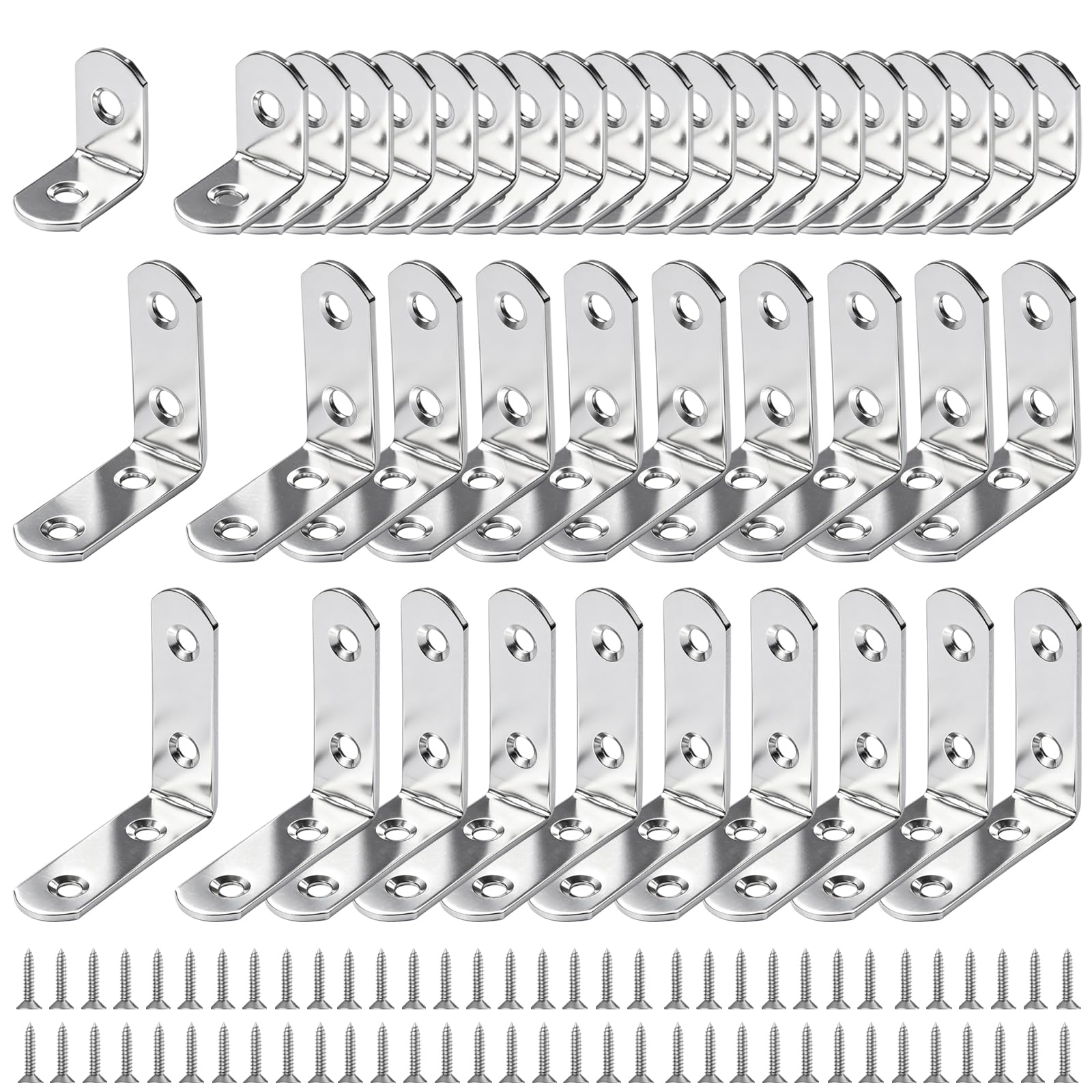 40PCS L Brackets, 3 Sizes 90 Degree Stainless Steel Angle Brackets,(25x25, 40x40, 50x50mm) with 120 Screws for Connect Shelf Bracket Furniture Shelves Cabinets Desk