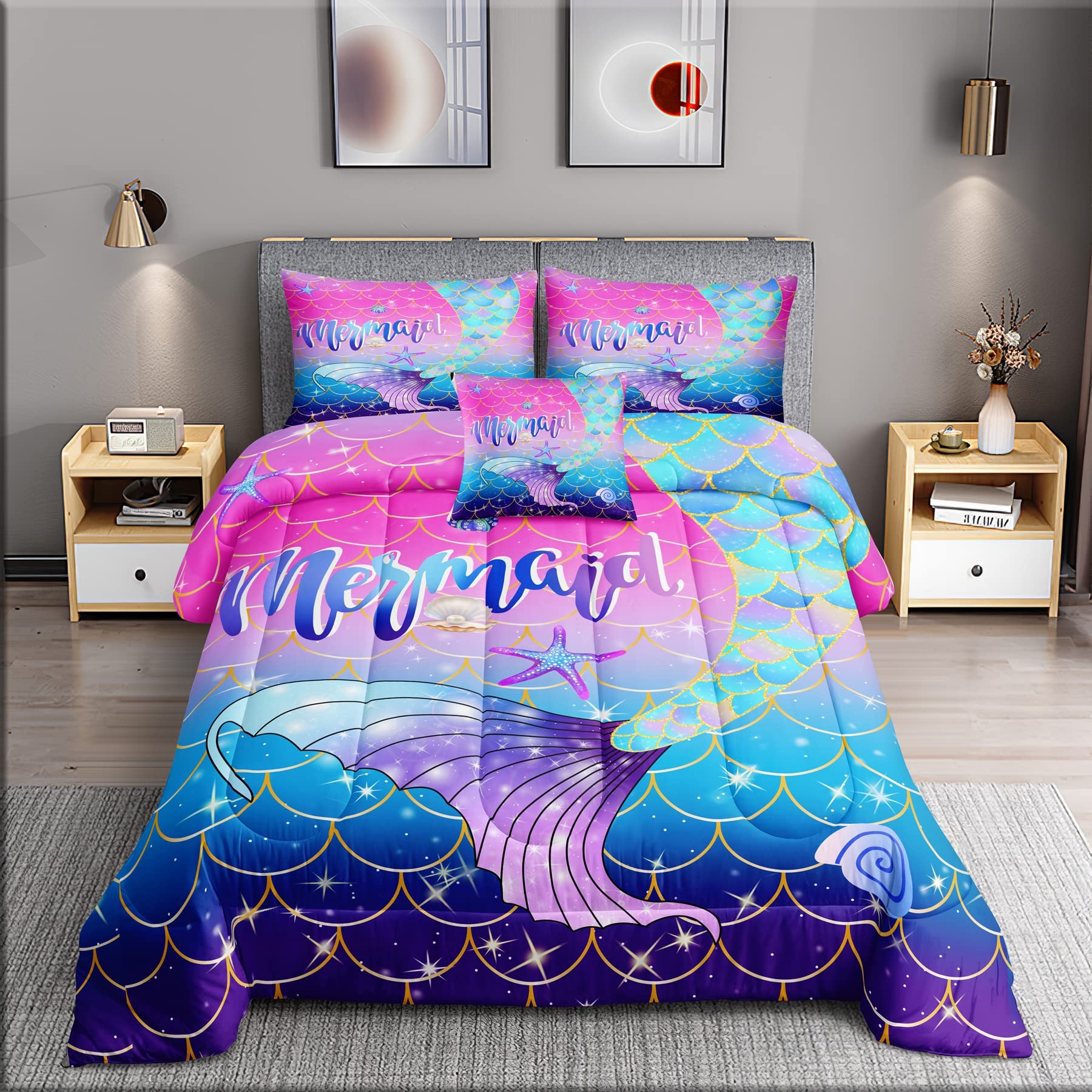 ROWADALO 6 Pieces Mermaid Scale Glitter Comforter Set Fish Scale Shell Starfish Girls Bedding Set,Gradient Blue Pink Purple Mermaid Tail Bed in A Bag Full Size Complete Set for Girls Bedroom,MRY501-F