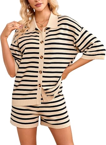 Ladyful Womens Crochet Knit Two Piece Set Striped Button Down Shirt Shorts | 2 Piece Set ,Striped Cover Up ,Half Sleeve ,Summer Travel Swimsuit, Vacation Style, Beach Getaway, Casual Chic, Relaxed Fit