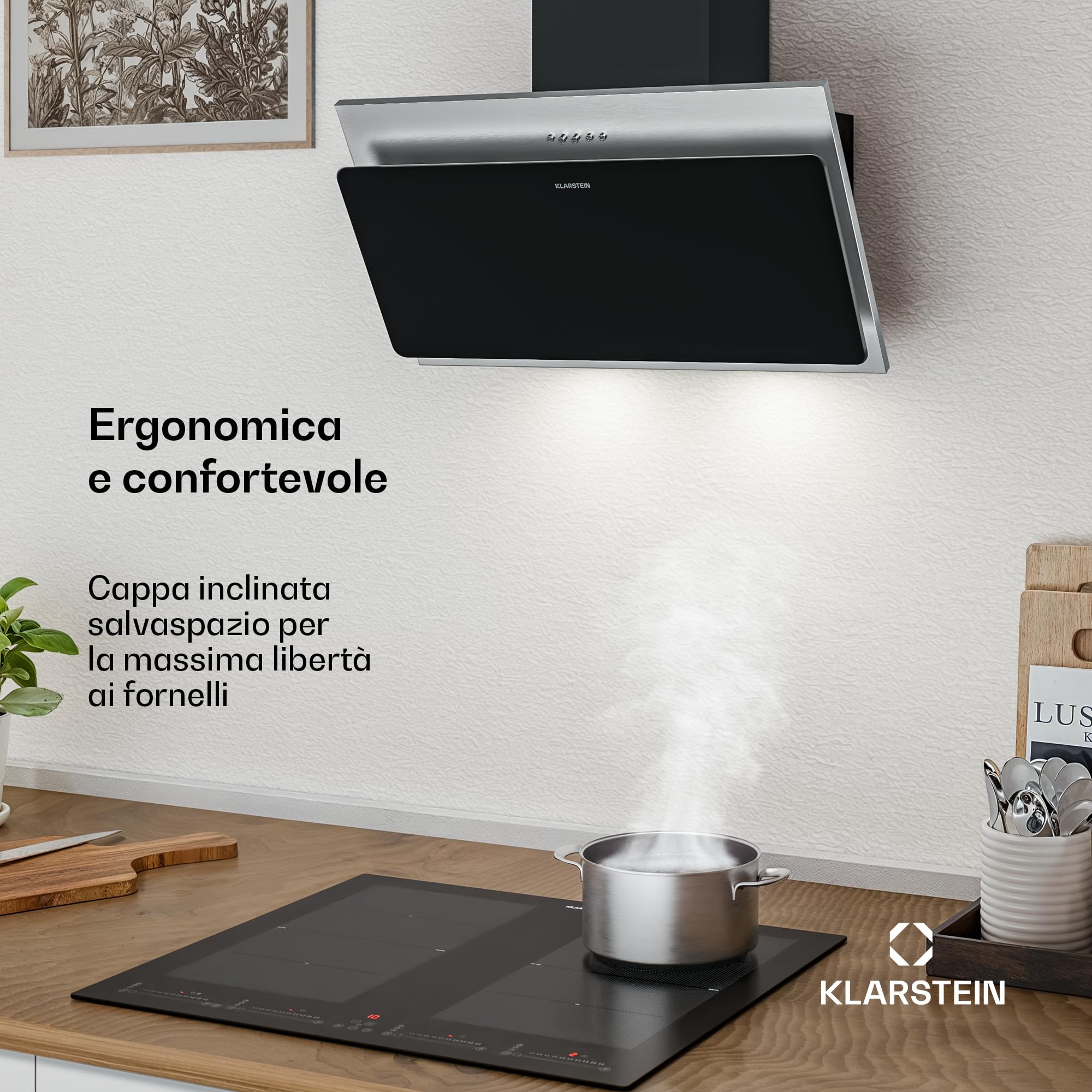 Klarstein Alessia Cappe Inclinate - 60cm Cappa Angolare, 404 m³/h, LED, A+++, 3 Velocità & Boost, Filtro Carbone, Acciaio Inox & Vetro Nero, Aspirante o Ricircolo, Cappa Cucina