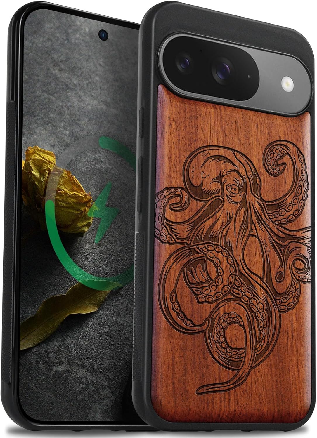 Carveit Magnetic Wooden Case for Google Pixel 9 Case, Wood Artisan Engraved & Soft TPU Shockproof Cover, Compatible with MagSafe Wireless Chargers (Octopus Drawing) Rosy