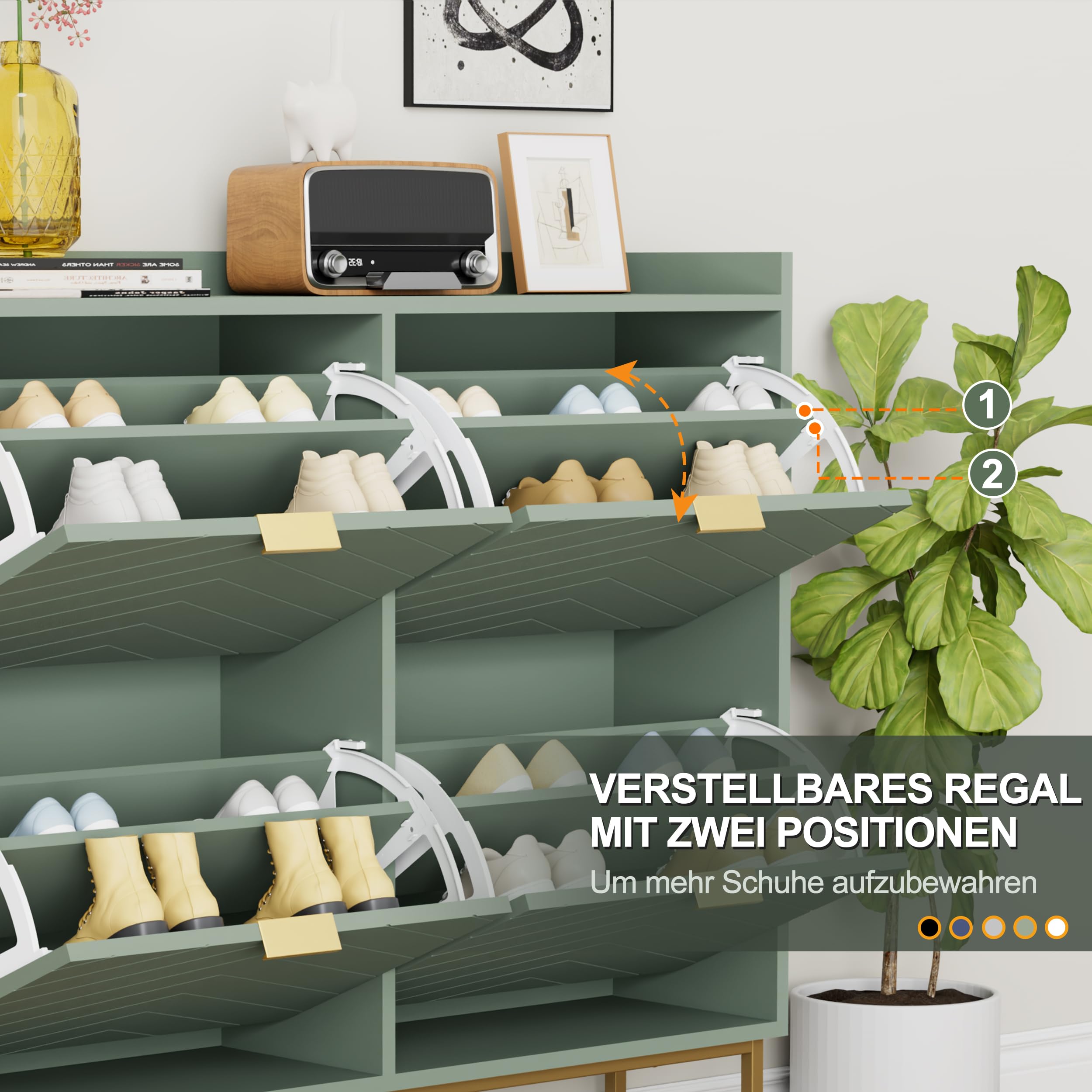 UEV Schuhschrank mit 4 Klappen Schmal,Freistehendes Schuhregal mit Kippschutz, Schuhkommode mit verstellbaren Trennwände, 98,5x24x103,5cm,Schuhablage Schrank für Flur Eingang und Wohnzimmer,Grün