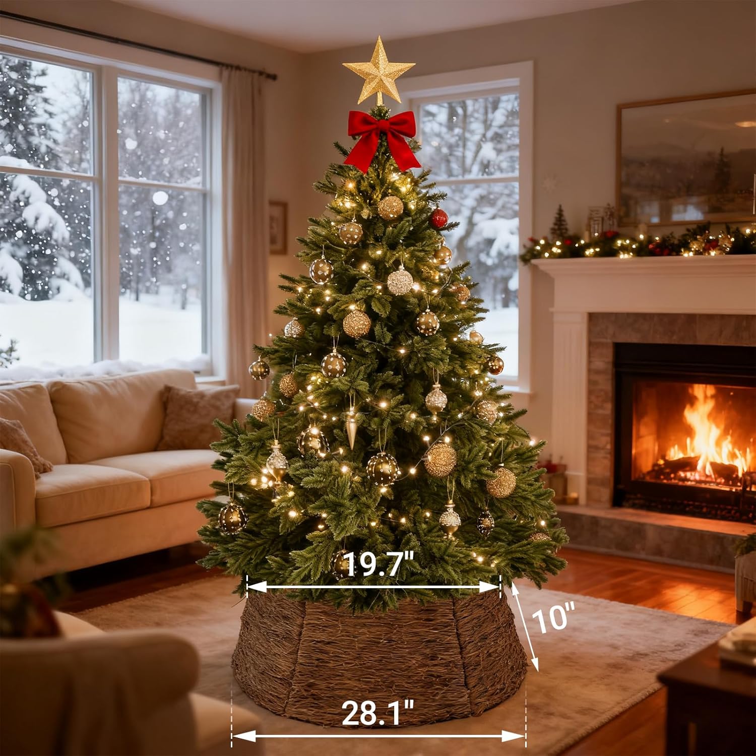 ELYKEN 28 Inch Christmas Tree Collar, Wicker Xmas Tree Collar for 7.5 ft Trees, Boho Woven Tree Skirt, Rustic Farmhouse Basket for Tree Base Cover, Round Tree Ring for Pencil Trees