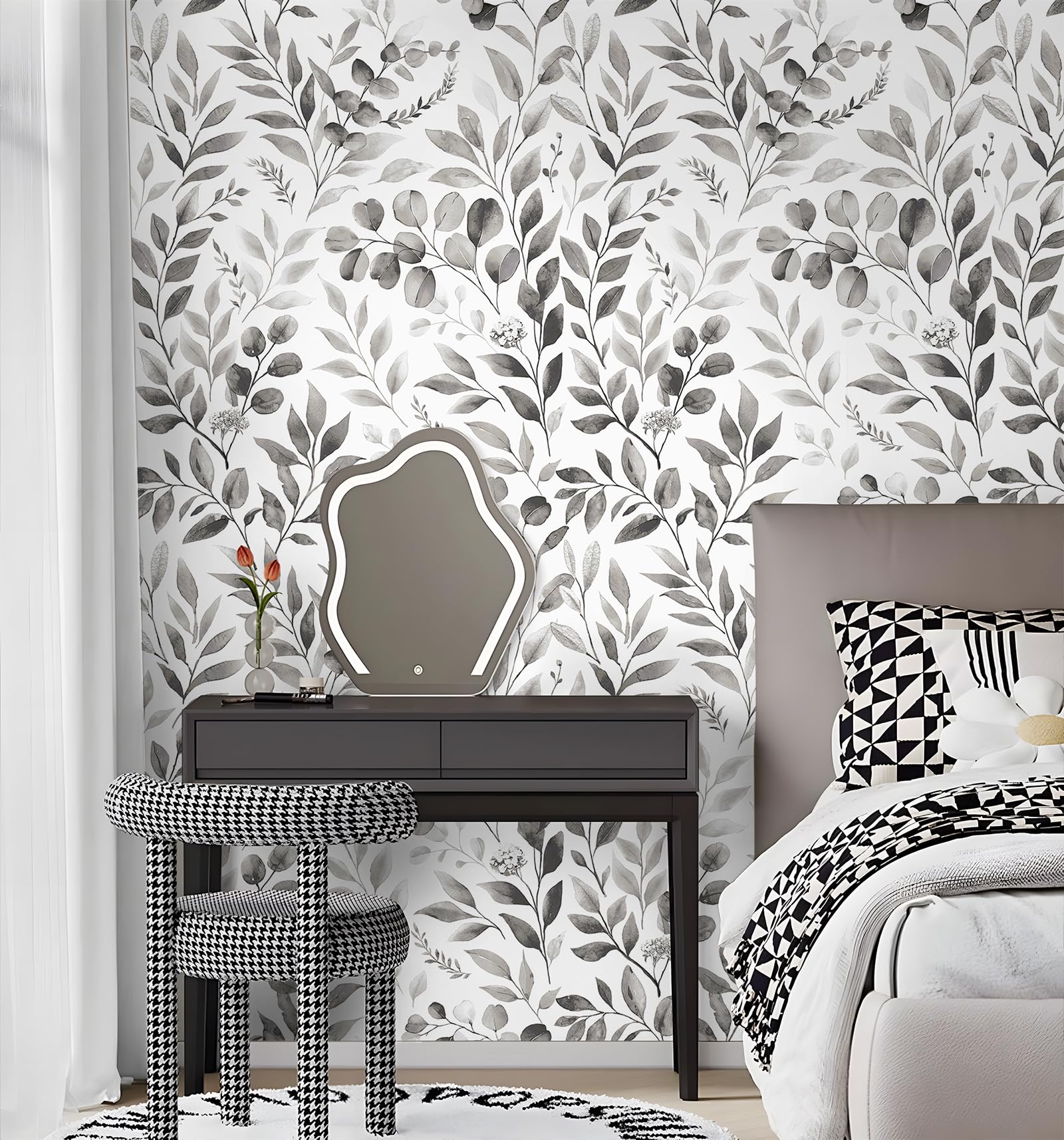 ICYEHAO Self Adhesive Wallpaper Grey Leaf, 44 x 500cm Peel and Stick Wallpaper White and Grey Flower Leaves Botanical Boho Self Adhesive Furniture Wrap for Living Room,Bathroom,Cabinets,Kitchen