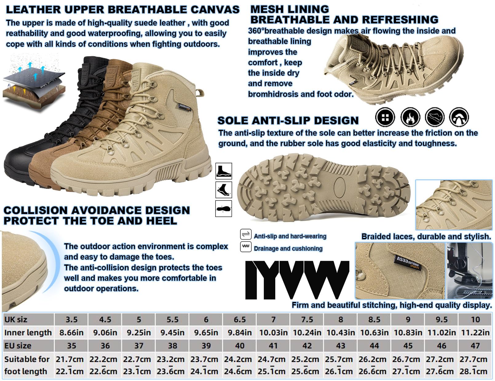 AS33 Herren militärische Taktische Kampfstiefel Verschleißfeste wasserdichte Wüsten Schuhe Außenbereich Einsatzstiefel Rutschfeste Camping Trekking Wander Stiefel