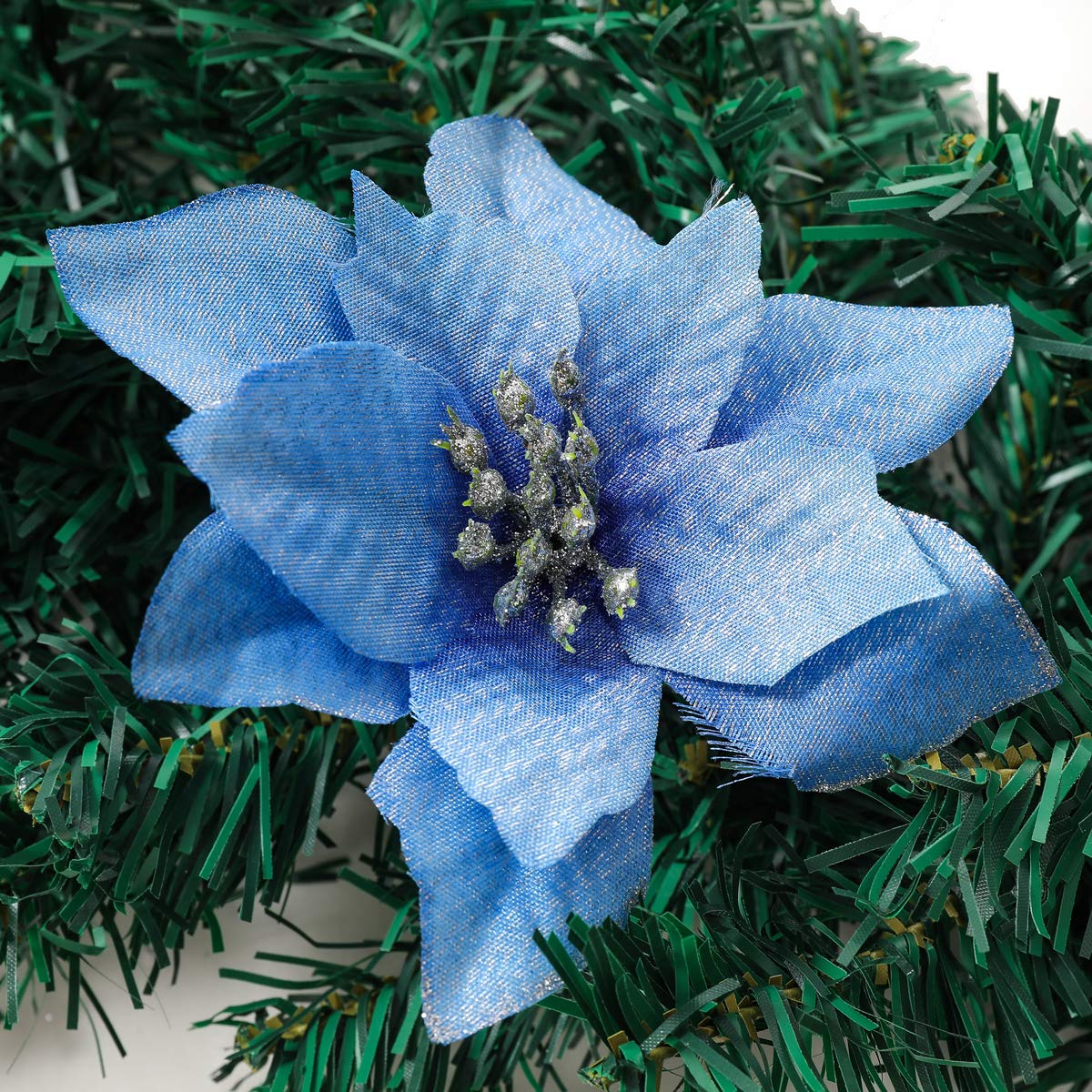 vannyster Christmas Poinsettia Flowers Decorations, Glitter Poinsettia Christmas Tree Ornaments, Artificial Flower Home Decorations for Christmas/Wedding/Holiday Party, Pack of 24, Blue