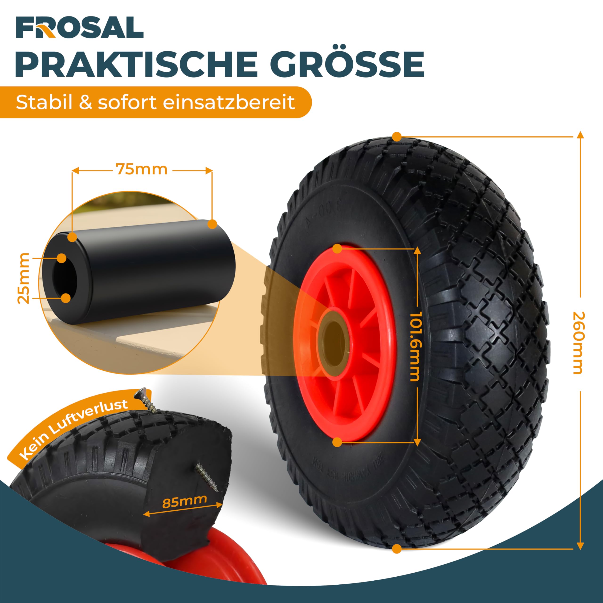 FROSAL Ersatzrad 4.10/3.50-4 (260×85) – 2 Stück Luftreifen Mit Kugellager, 50 Mm Nabenlänge, 16 Mm Achse, Gelbe Stahlfelge, Autoventil – Für Bollerwagen Und Sackkarren