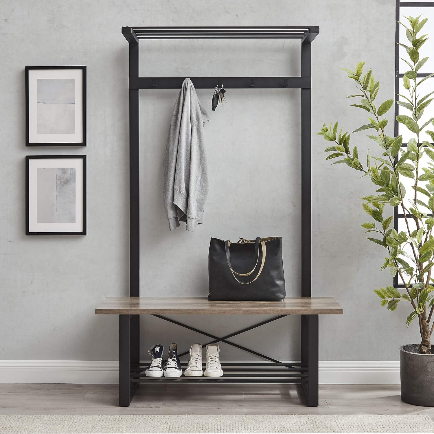 Walker Edison Warren Urban Industrial Metal and Wood Hall Tree with Bench, 72 Inch, Grey : Everything Else