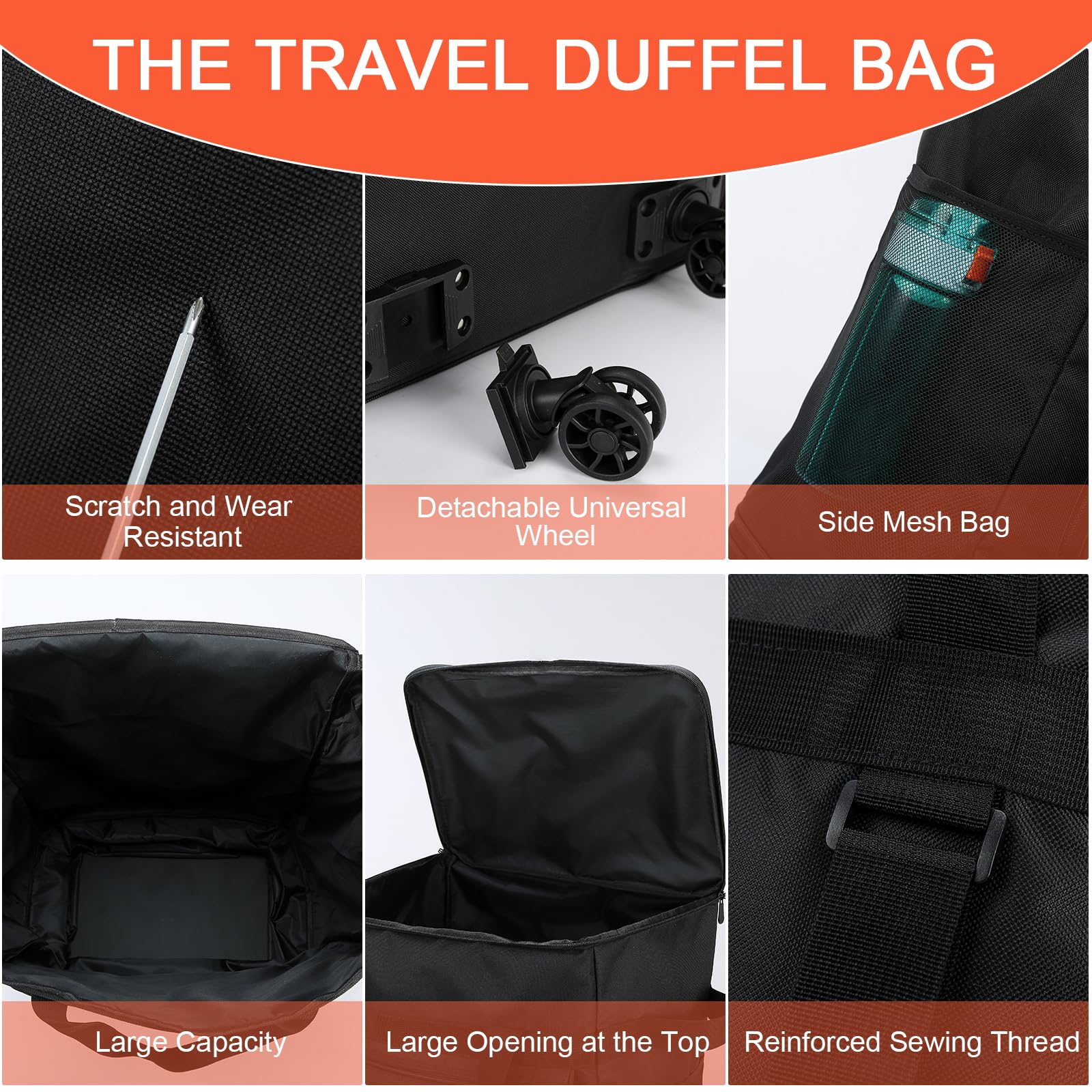 Faltbare Reisetasche Mit Rollen groß, Erweiterbar, Wasserdicht, Zusammenklappbar, Handgepäck Tasche, Reisetasche Mit Rollen und Griff, Schwarz