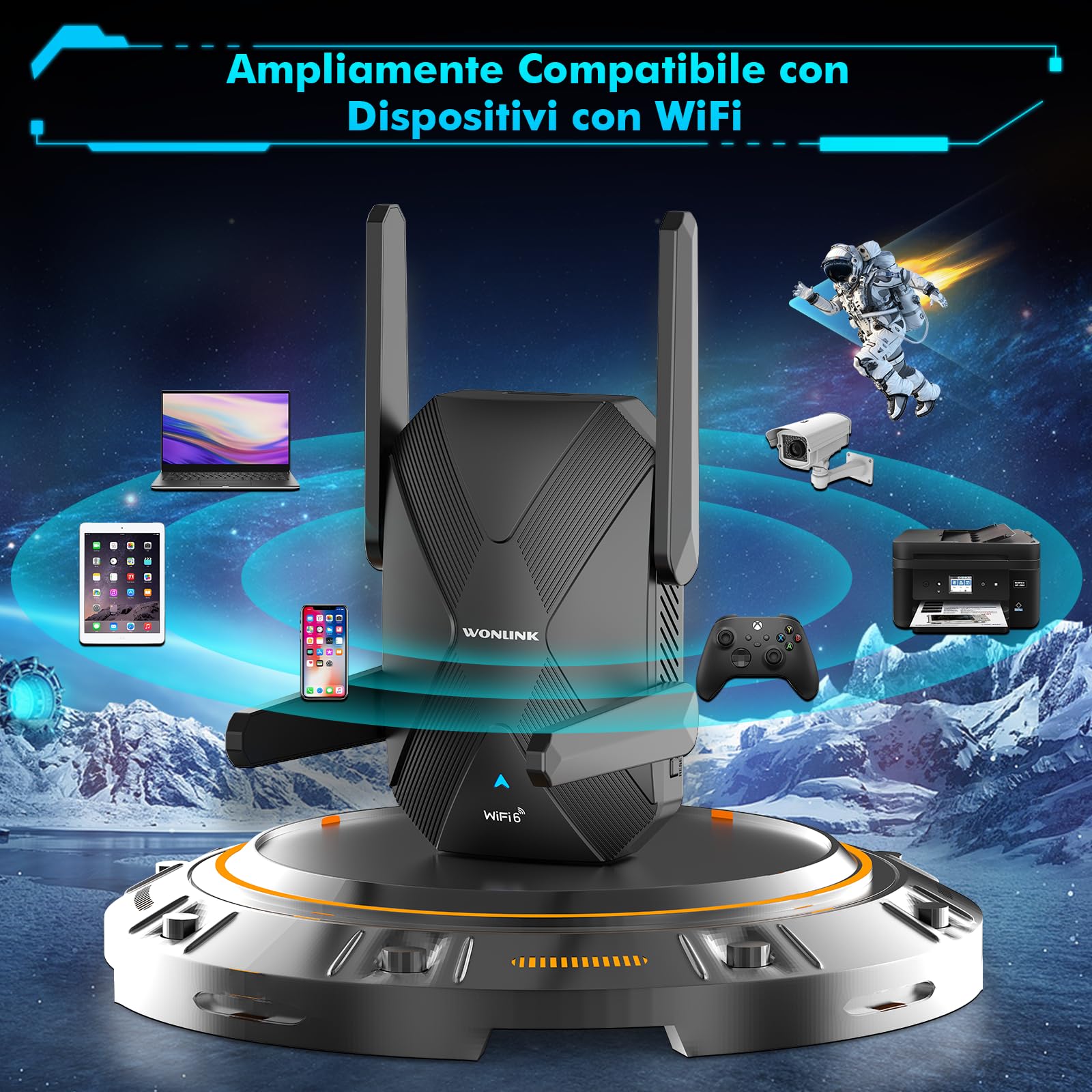 Ripetitore WiFi 6 AX1500Mbps Dual Band, Amplificatore Segnale WiFi con 4 Antenne, Porta LAN/WAN, WPS, MU-MIMO, WPA3, Modalità Ripetitore/Router/AP, Indicatore di Segnale, per Casa e Ufficio