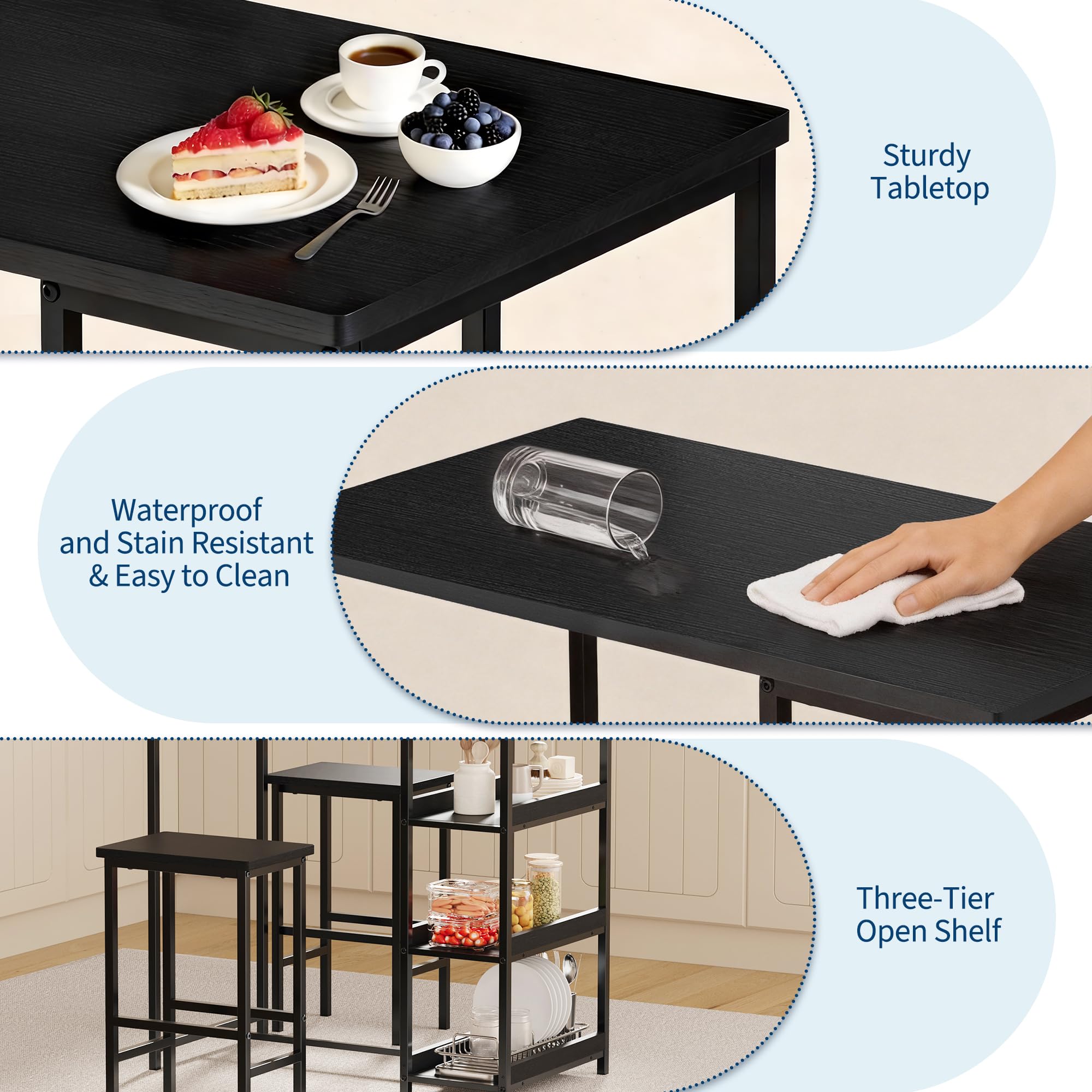 3-teiliges Esszimmer-Set – Moderner Esstisch mit Metallgestell & Holzoptik, 2 Barhockern, Ablagefächern, platzsparend für Küche, einfache Montage, Schwarz, Black Tube + Black Wood Grain