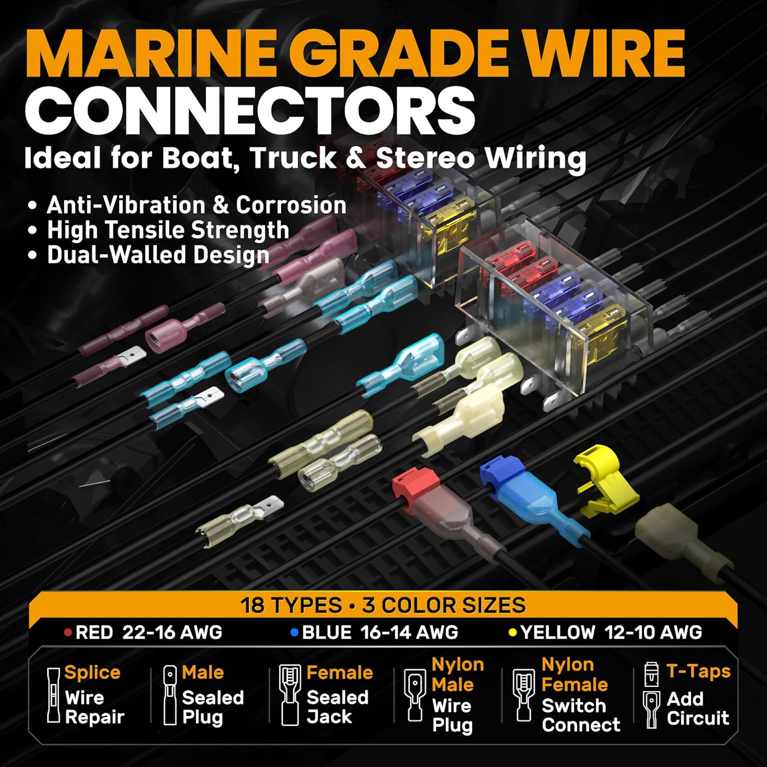 SOMELINE Heat Shrink Connector Crimp Tool Kit, 22-10 AWG Ratchet Crimping Pliers, with 18 Size Marine Grade Heat Shrink Disconnect Terminals and Nylon Disconnect Terminals, Wire Crimping Tool