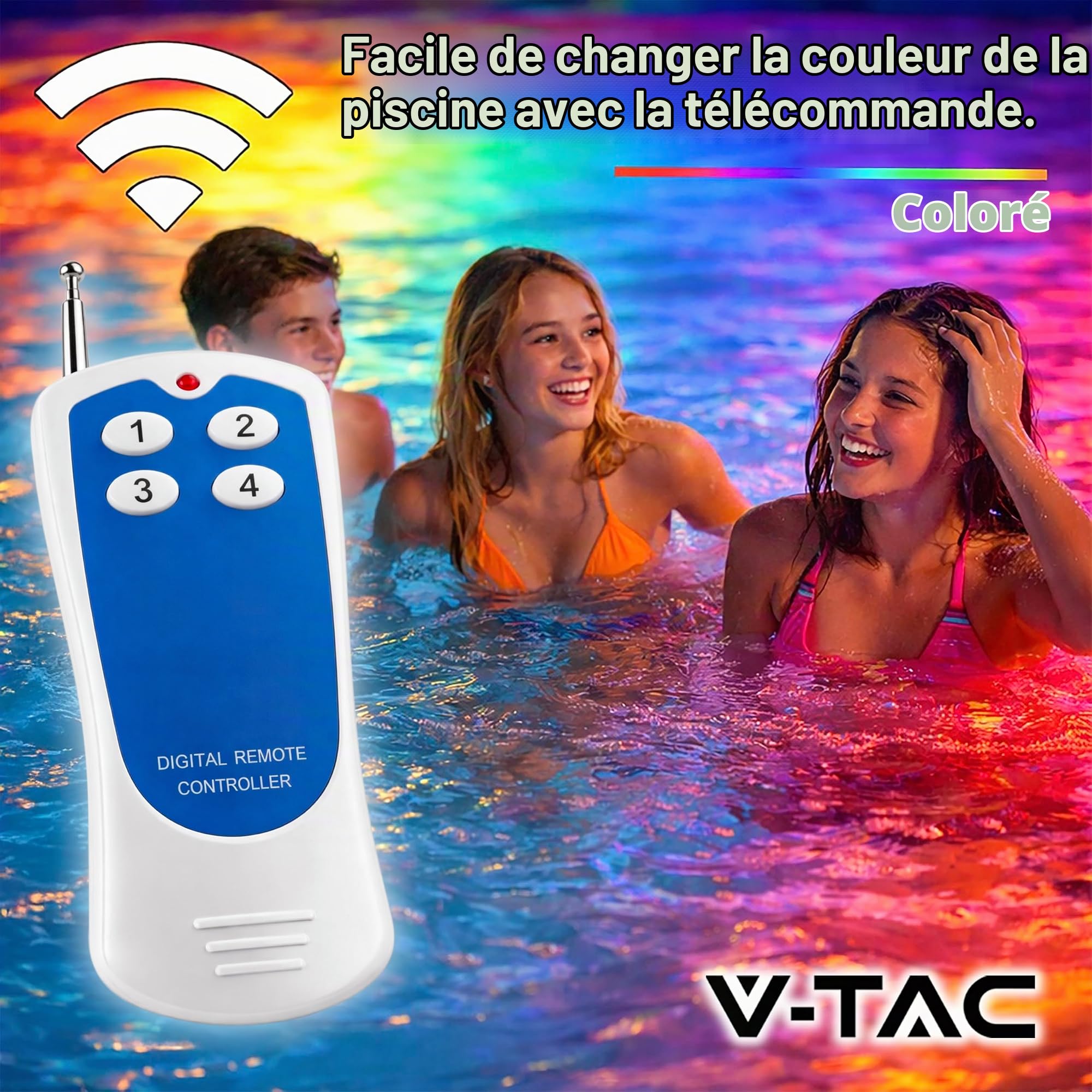 V-TAC Lampe LED Piscine Multicolore RGB 12W - AVEC TÉLÉCOMMANDE - PAR56 - Lampe en Verre Antichoc IP68 pour l'Éclairage des Piscines et Fontaines - 1260 Lumens - Lumière Colorée
