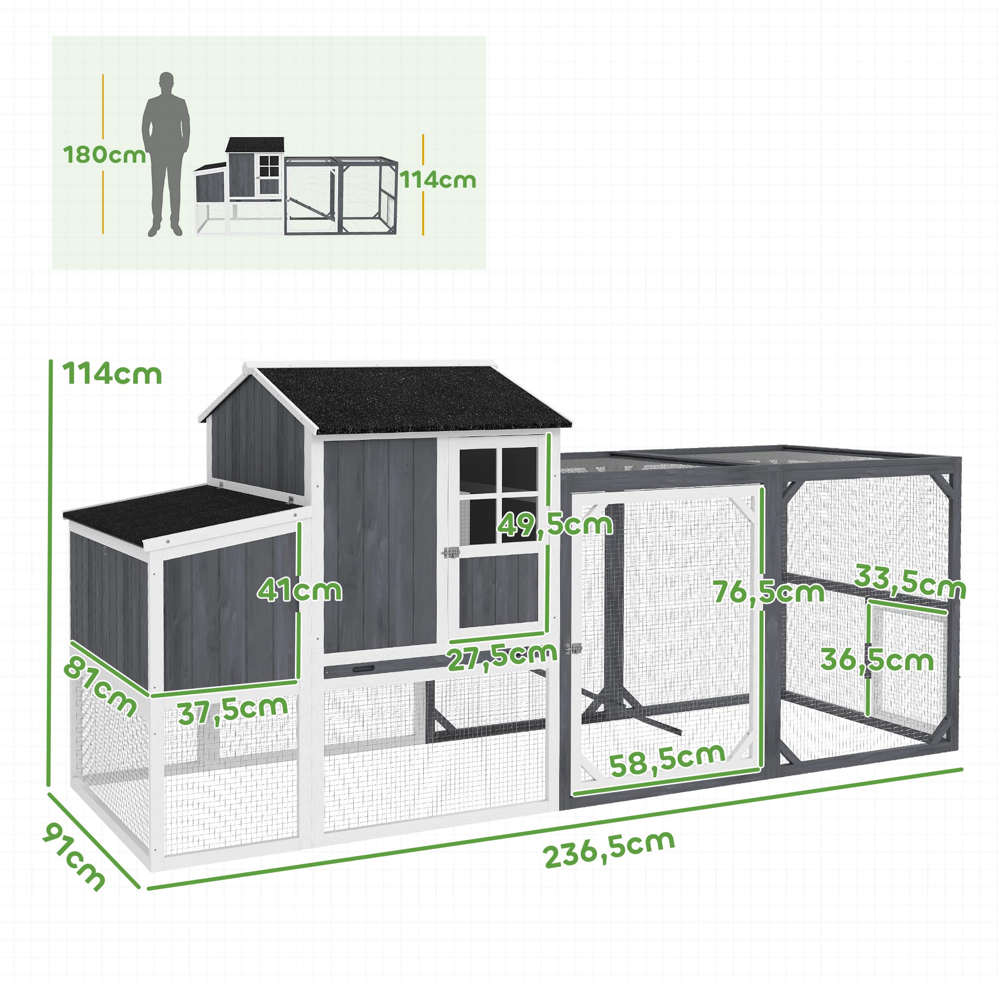 PawHut Kurnik z wybiegiem dla 3-4 kur 236,5x91x114 cm szary