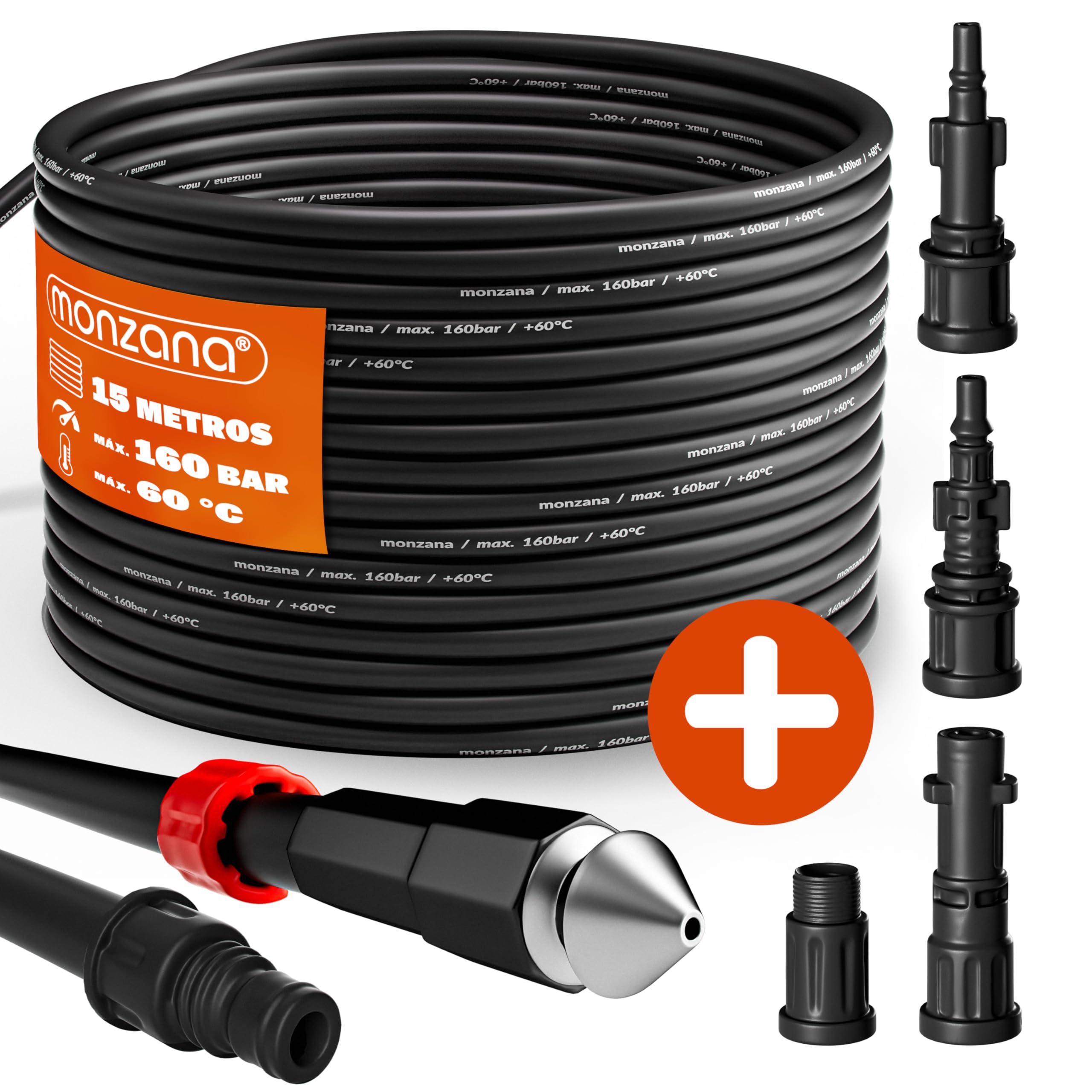 DEUBA® Desatascador Tuberias a Presion 15m, Compatible Karcher K2-K7 Bosch, Kit Manguera Limpieza, 160Bar, 4 Adaptadores, Desague Fregadero Herramientas Fontaneria, Limpiadoras a Presión