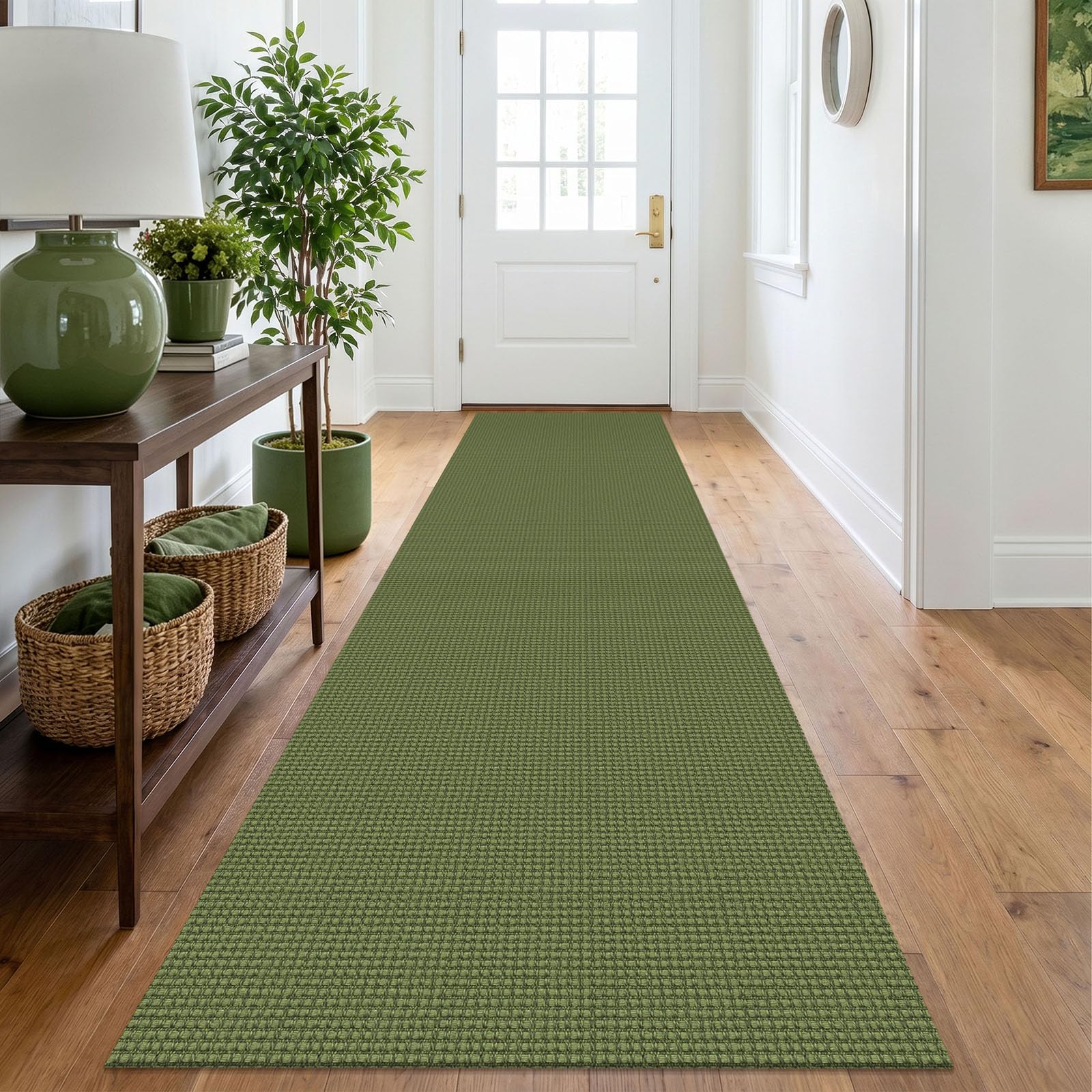 IOHOUZE Washable Runner Rug 2.6x10 Non Slip Rubber Backed Long Hallway Runner Entryway Runner Indoor, Kitchen Rugs Woven Cotton Floor Carpet for Hall Entrance, Olive Green/Earthy Green