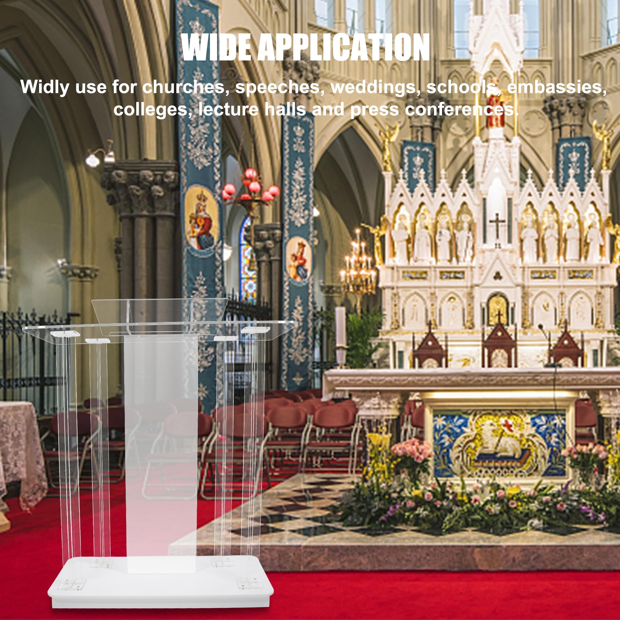 Pupitre Transparent Acrylique avec Roues - Chaire de Église, Podium LED 15 Couleurs pour Concert, Conférence, Mariage, Salle de Classe
