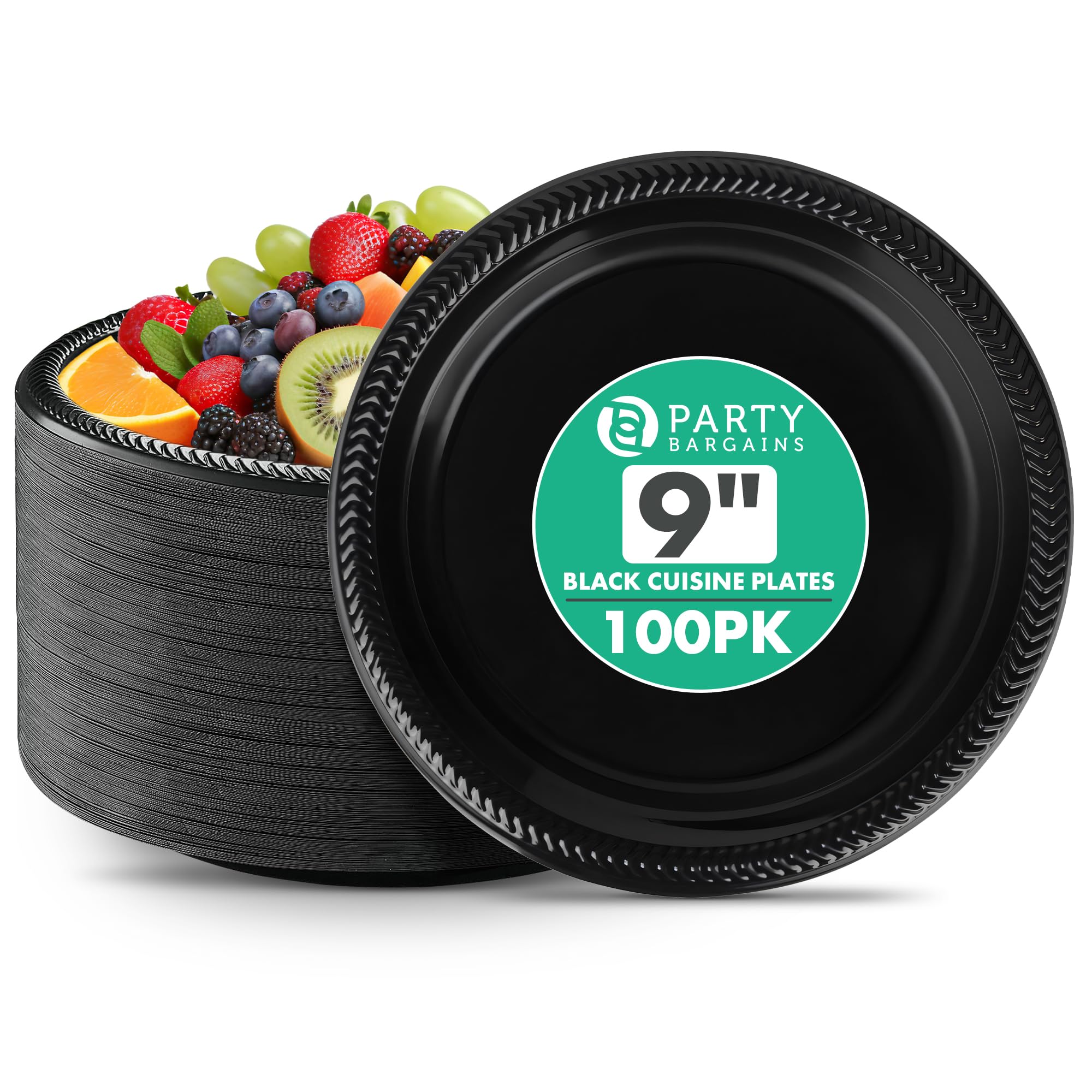 PARTY BARGAINS 9 Inch Disposable Black Plastic Plates (100 Pack) Microwave Safe Dinnerware