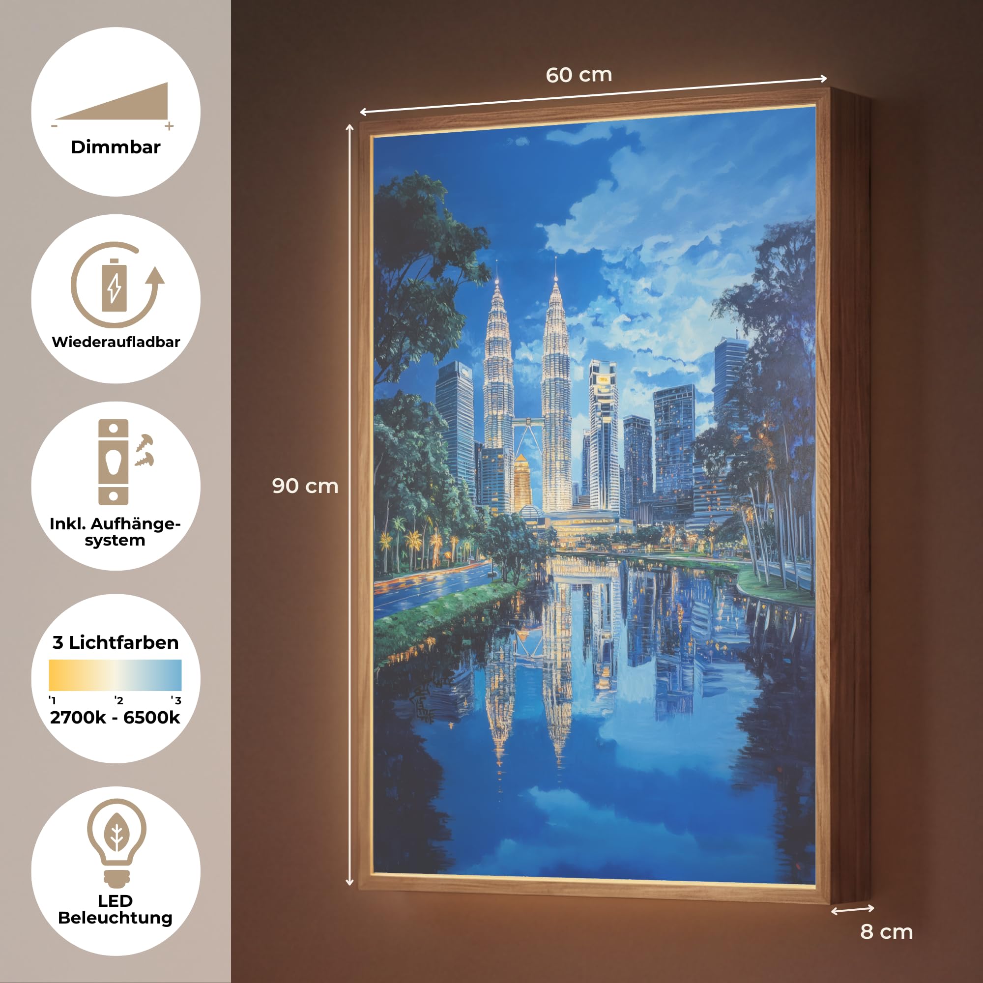 Moderne LED Wandleuchte Innen 60x90 cm Aufladbar Wandbeleuchtung Schlafzimmer Nachtlampe Flach Fernbedienung Warmes Still Licht Dimmbare Lampe Stadt Kuala Lumpur - Skyline - Wasser