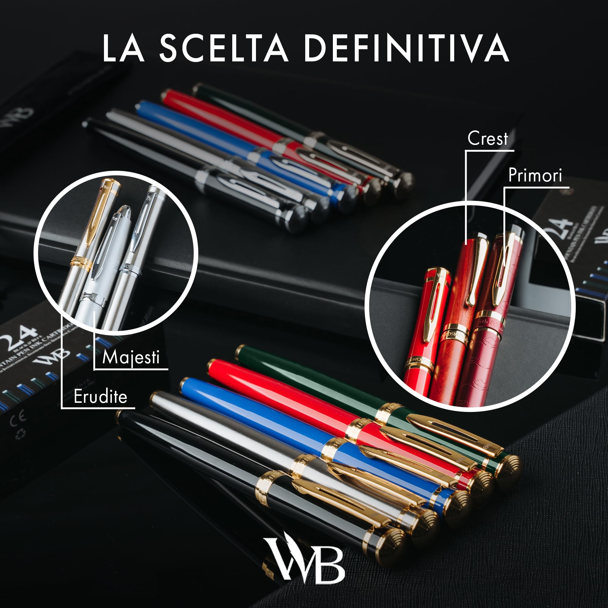 Wordsworth & Black Set di penne stilografiche, pennino medio in oro 18 carati, include 24 cartucce d'inchiostro, convertitore di ricarica e confezione regalo, finitura oro [Blu Imperiale]