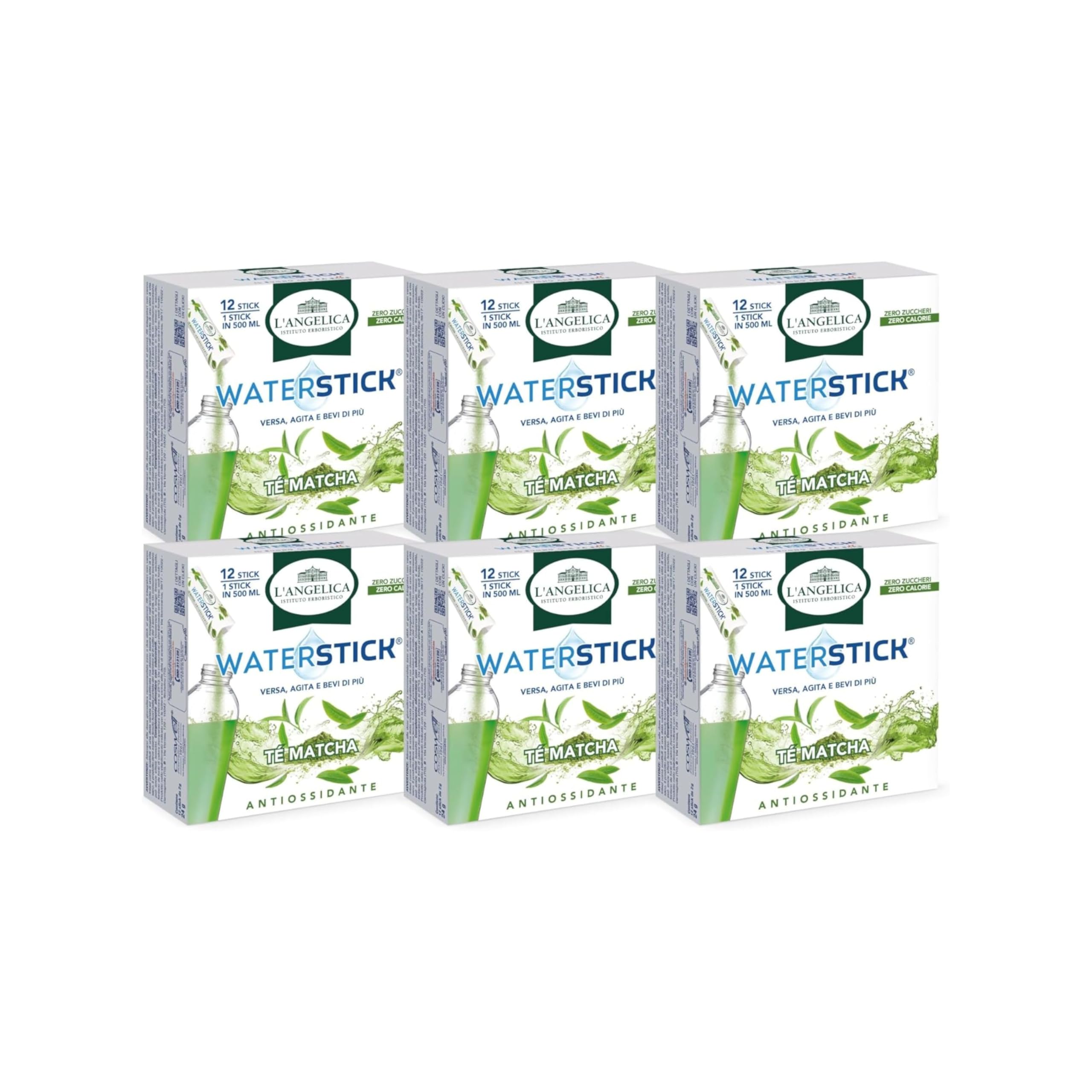 L'Angelica, Waterstick Antiossidante, Gusto Tè Matcha, Contrasta la Stanchezza Fisica e Mentale, Zero Zuccheri, Zero Calorie, Senza Glutine, Lattosio, Vegano, 6 Astucci da 12 Stick