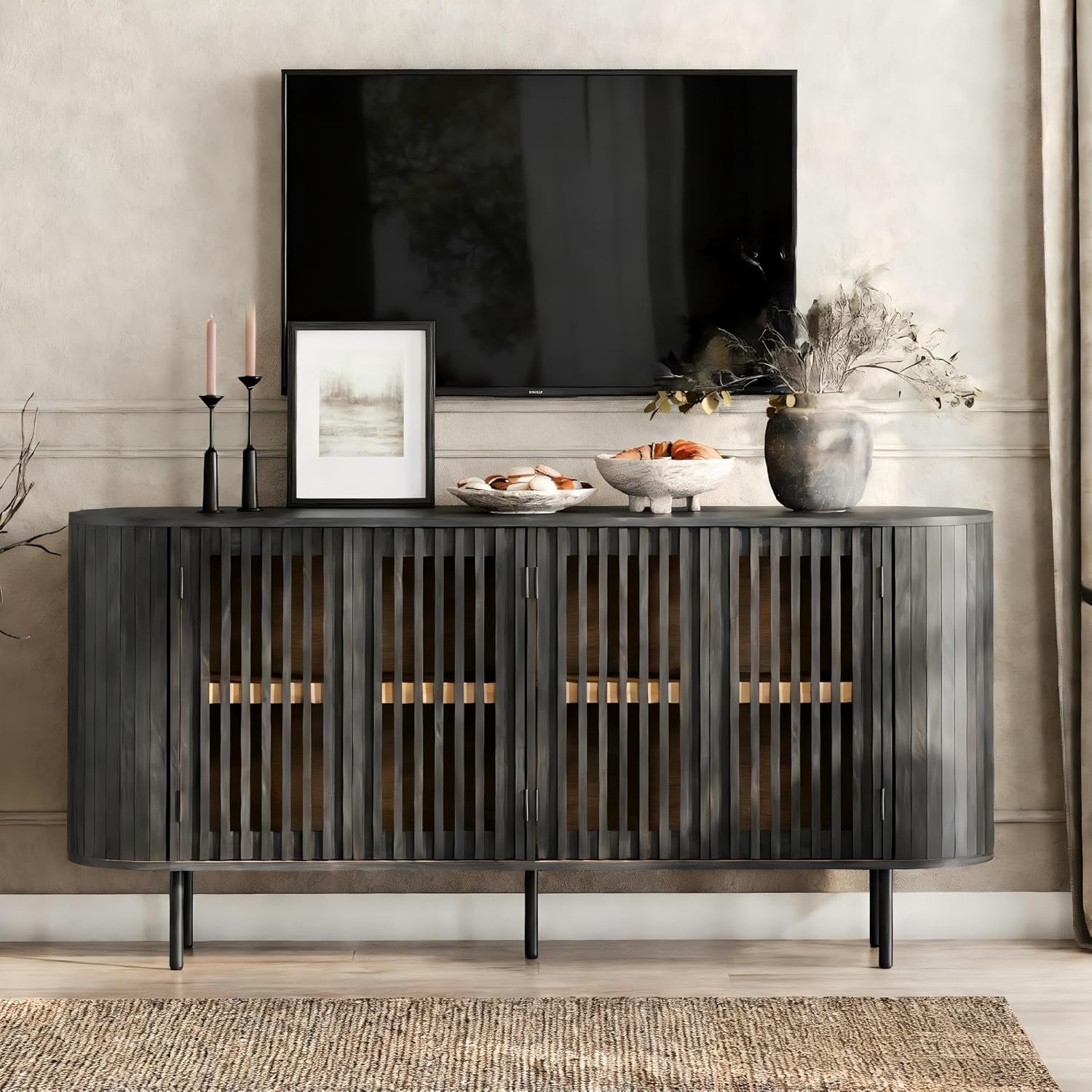 WAMPAT Fluted Sideboard Buffet Cabinet, 65" Mid Century Modern Credenza Storage Cabinet with 4 Pop-Up Doors, Wood Accent Kitchen Buffet Table for Dining Room,Living Room, Entryway, Black
