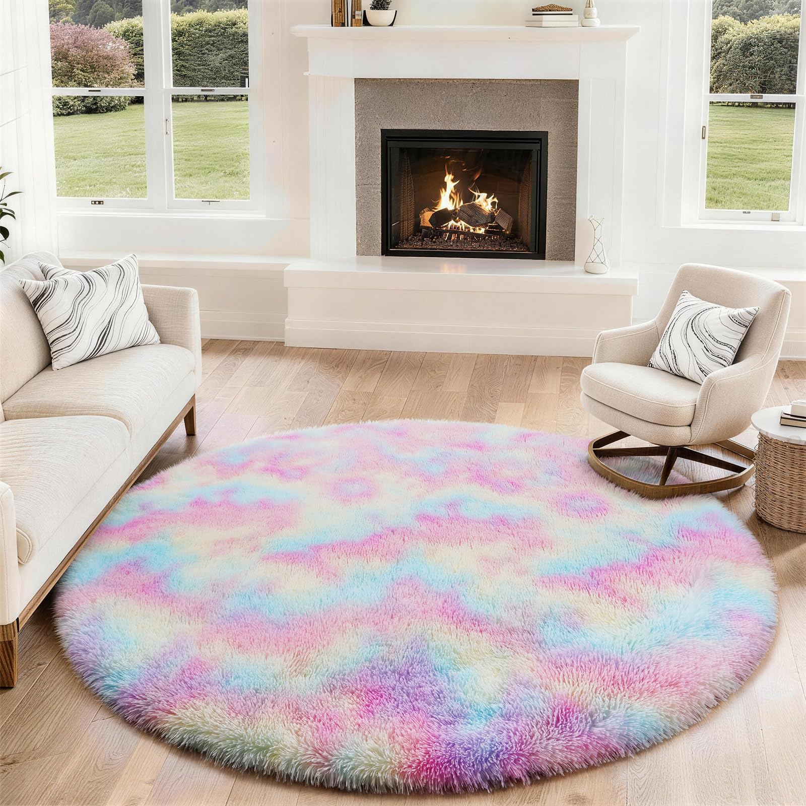 SOANNY Round Rugs Living Room, Large Soft Fluffy Tie-Dye Circle Carpet, Non-Slip, Machine Washable for Bedroom, Dorm, Bedside, Lounge, Nursery, Playroom, 160 cm, Blush Rainbow