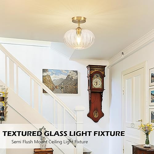 Miniatura 2 de Lámpara de techo semiempotrada dorada, lámpara de techo vintage, lámpara de techo vintage con globo de vidrio texturizado de mediados de siglo,