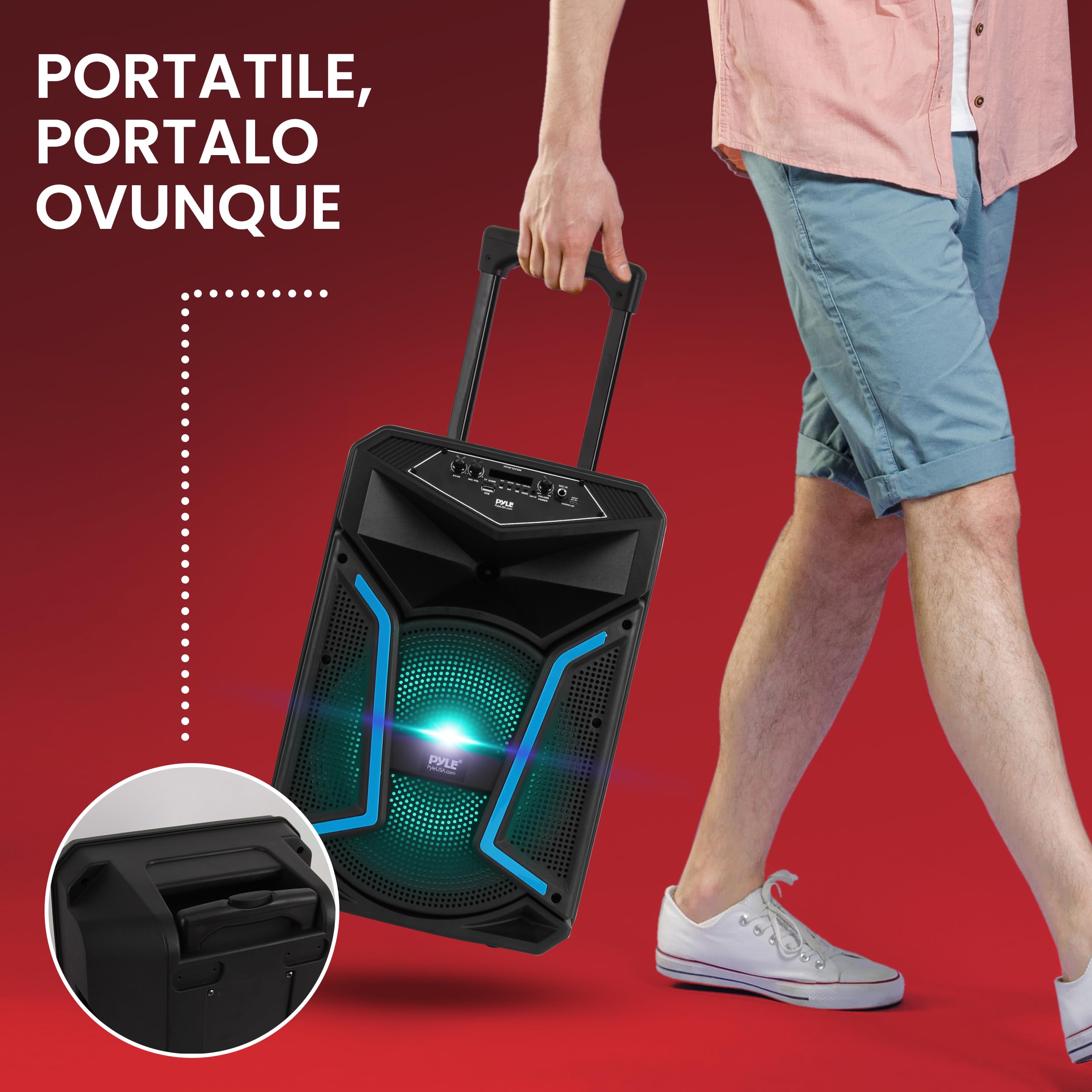 Pyle Cassa Bluetooth, Altoparlante Bluetooth, Speaker PA Portatile 800 Watt da Esterno, Cassa con Ingresso Microfono, Luci per Feste, MP3/USB, Radio FM, con Ruote, Microfono e Telecomando, Nero