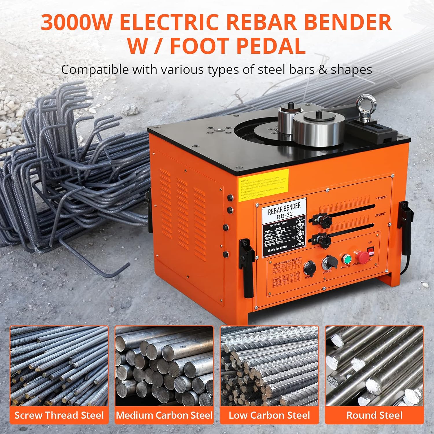 3000W Electric Rebar Bender up to 1.3 inch with Our Electric Bender - Achieve 0-180° Angles, Operate with Convenient Foot Pedal Switch, Powerful 3000W Motor