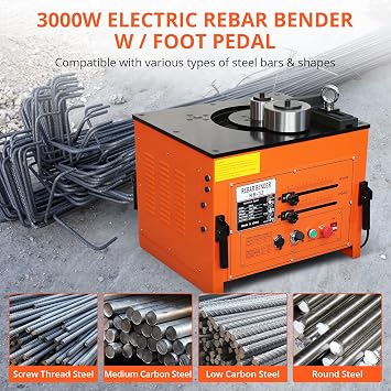 3000W Electric Rebar Bender up to 1.3 inch with Our Electric Bender - Achieve 0-180 Angles, Operate with Convenient Foot Pedal Switch, Powerful 3000W Motor