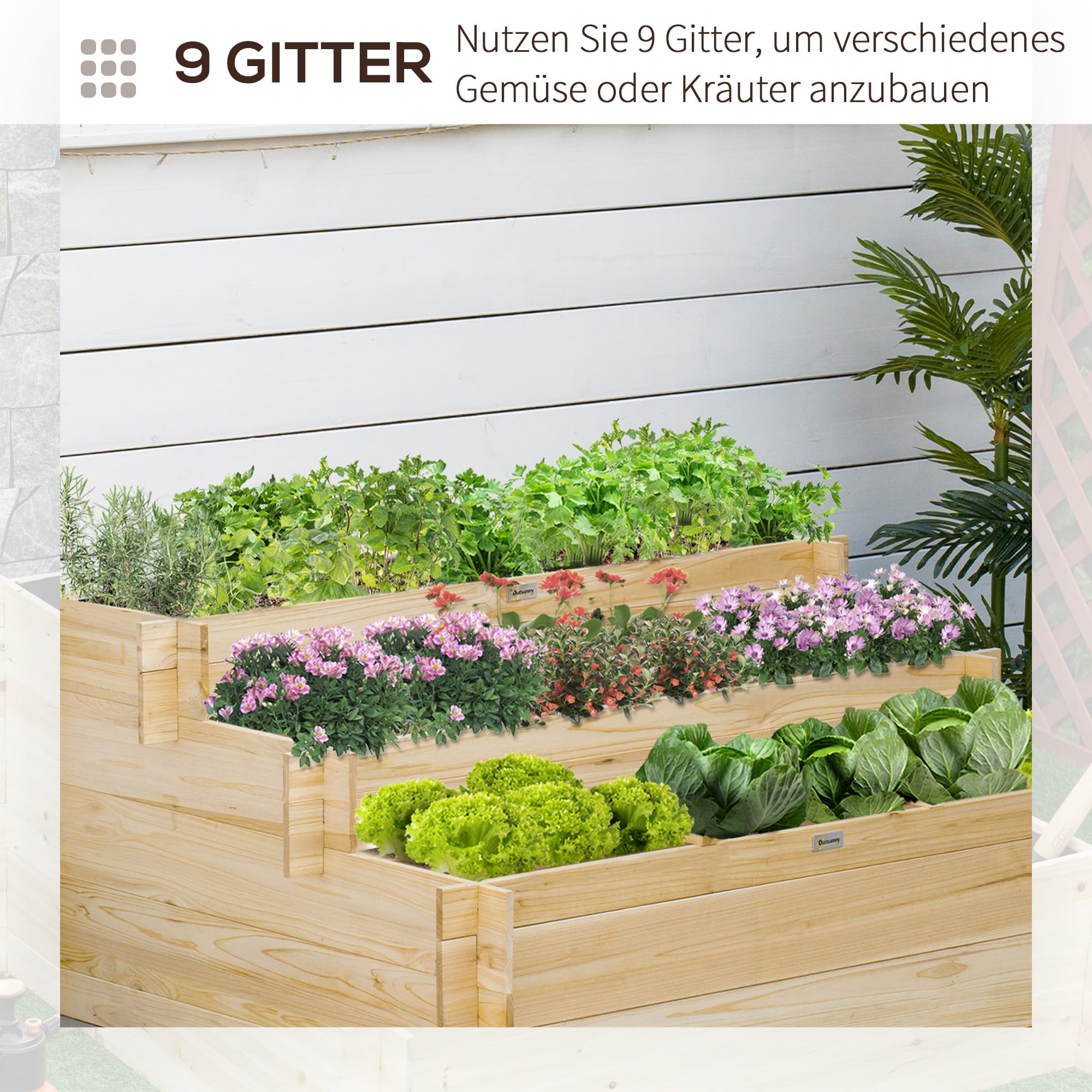 Outsunny Hochbeet Holz Pflanzbeet 117 x 100 x 54 cm für Garten Balkon | Frühbeet, Gartenbeet, Blumentreppe, Gemüsebeet, Pflanzentreppe, für Blumen, Pflanzen, Obst, Gemüse, Terrasse