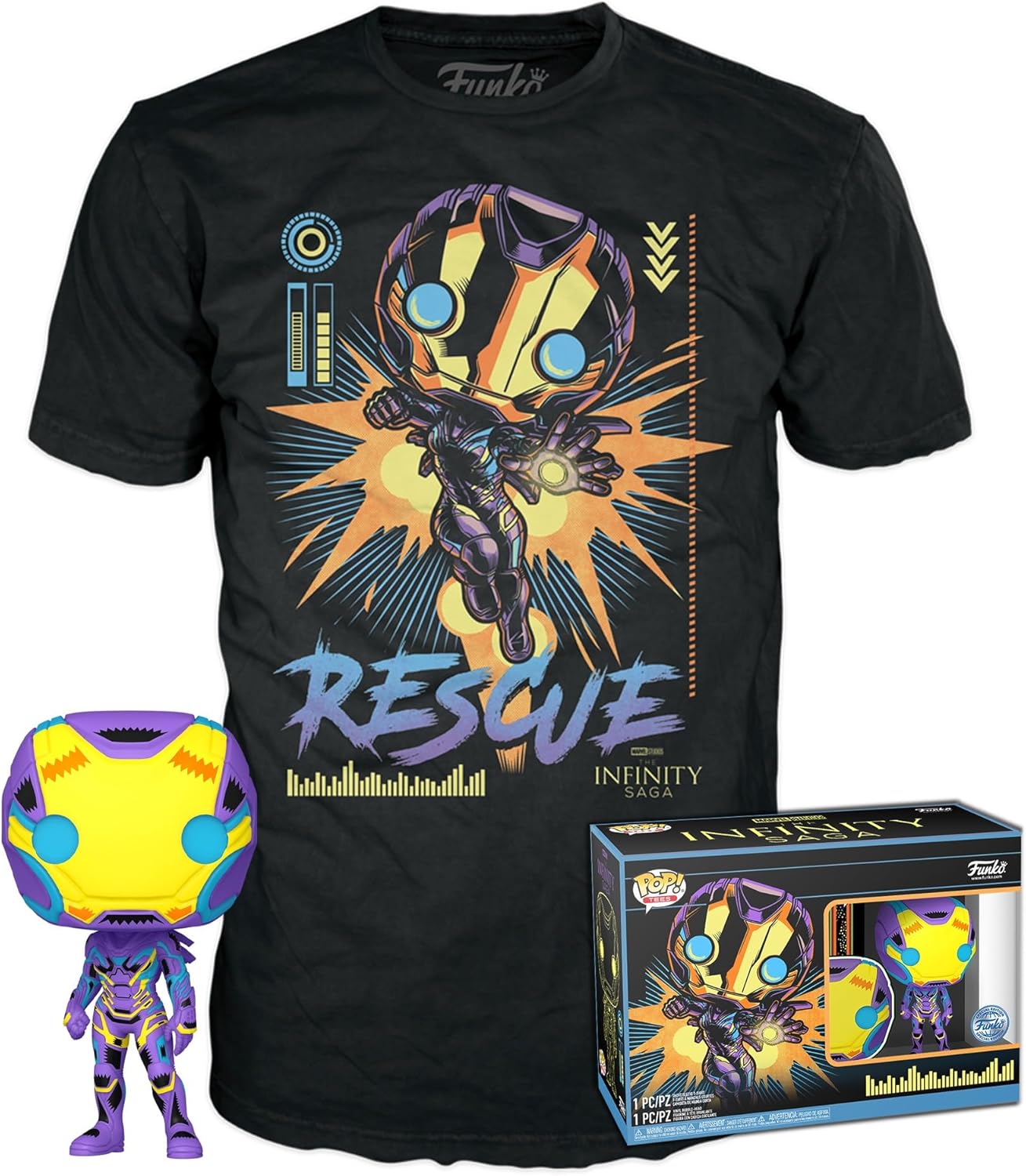 Funko Pop! & Tee: Marvel Blacklight - Rescue - Extra Large - (XL) - T-Shirt - Clothes with Collectable Vinyl Figure - Gift Idea - Toys and Short Sleeve Top for Adults Unisex Men and Women