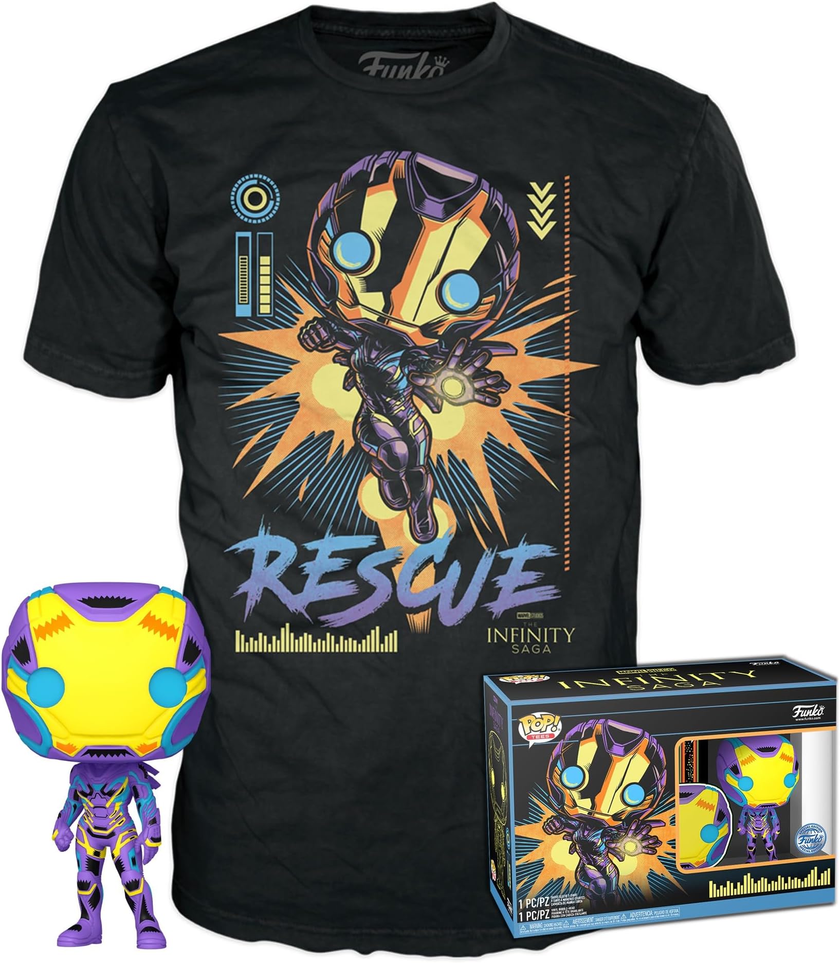 POP! & Tee: Marvel Blacklight - Rescue M - Medium - T-Shirt - Clothes with Collectable Vinyl Figure - Gift Idea - Toys and Short Sleeve Top for Adults Unisex Men and Women - Movies Fans