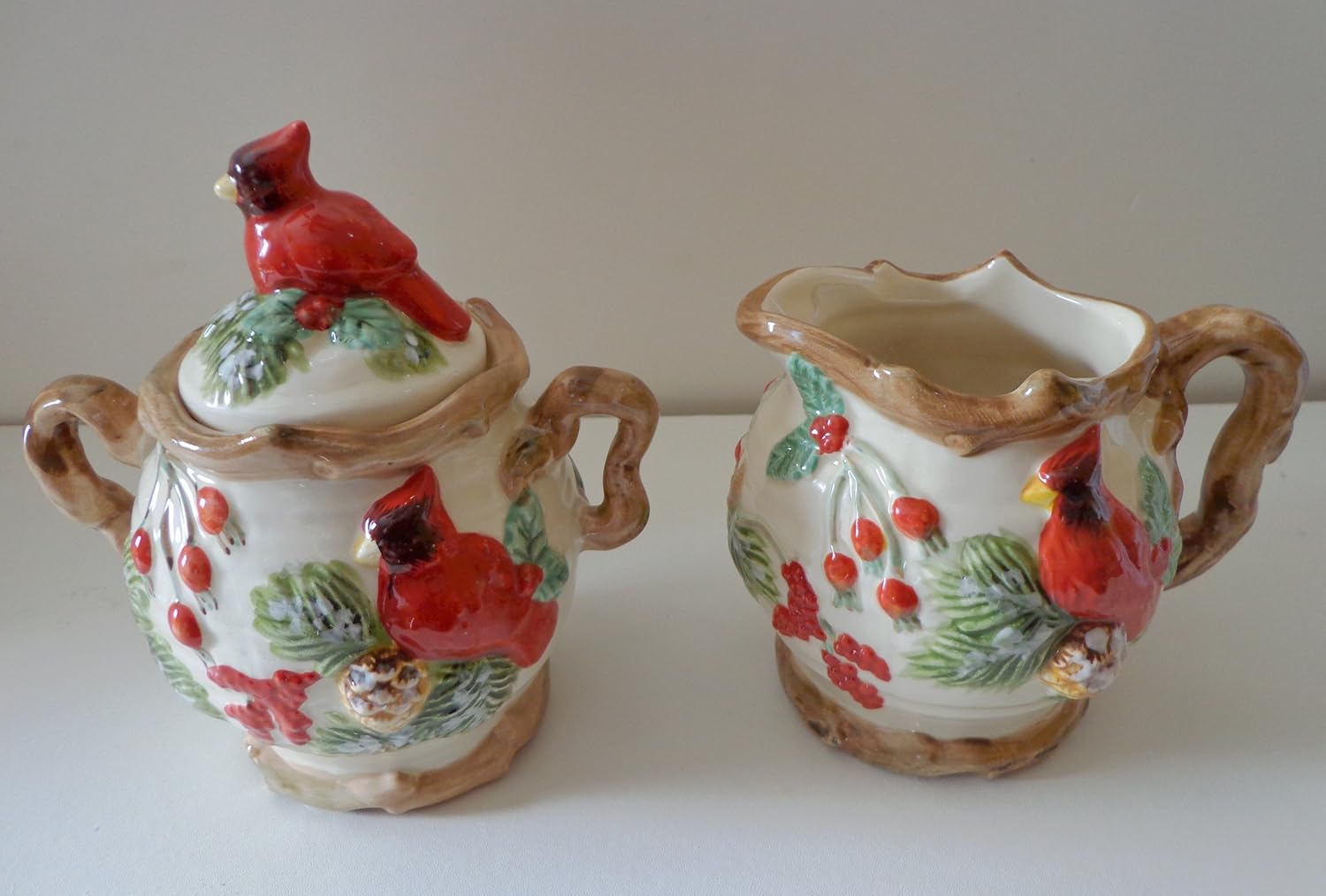CREAMER AND SUGAR SET Cardinal Bird & Cherries Design