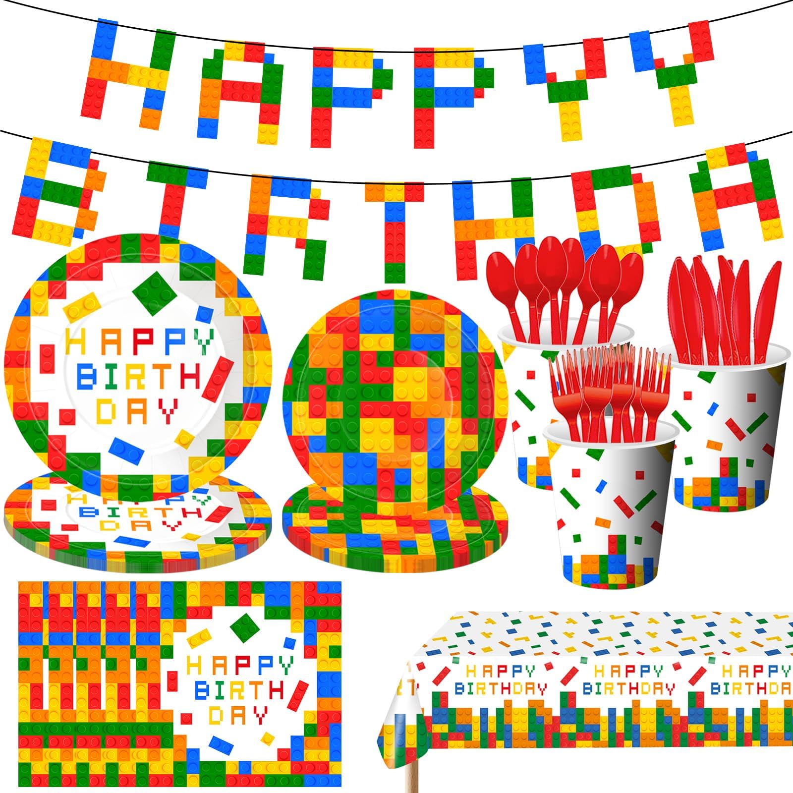 Building Block Party Supplies, Building Blocks Party Tableware Set with Plates Napkins Tablecloth Cups Forks for Colorful Building Block Birthday Party Decorations for Kids Boys/Girls, Serve 10