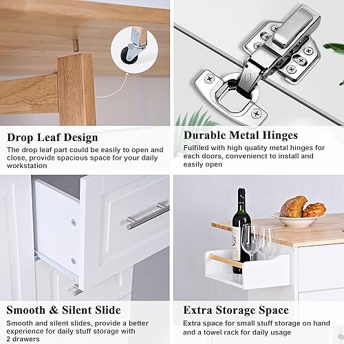 Miniatura 5 de soges Isla de cocina móvil con almacenamiento y hojas colgantes sobre ruedas, carrito de mesa de isla de cocina rodante con 3 cajones y armarios de