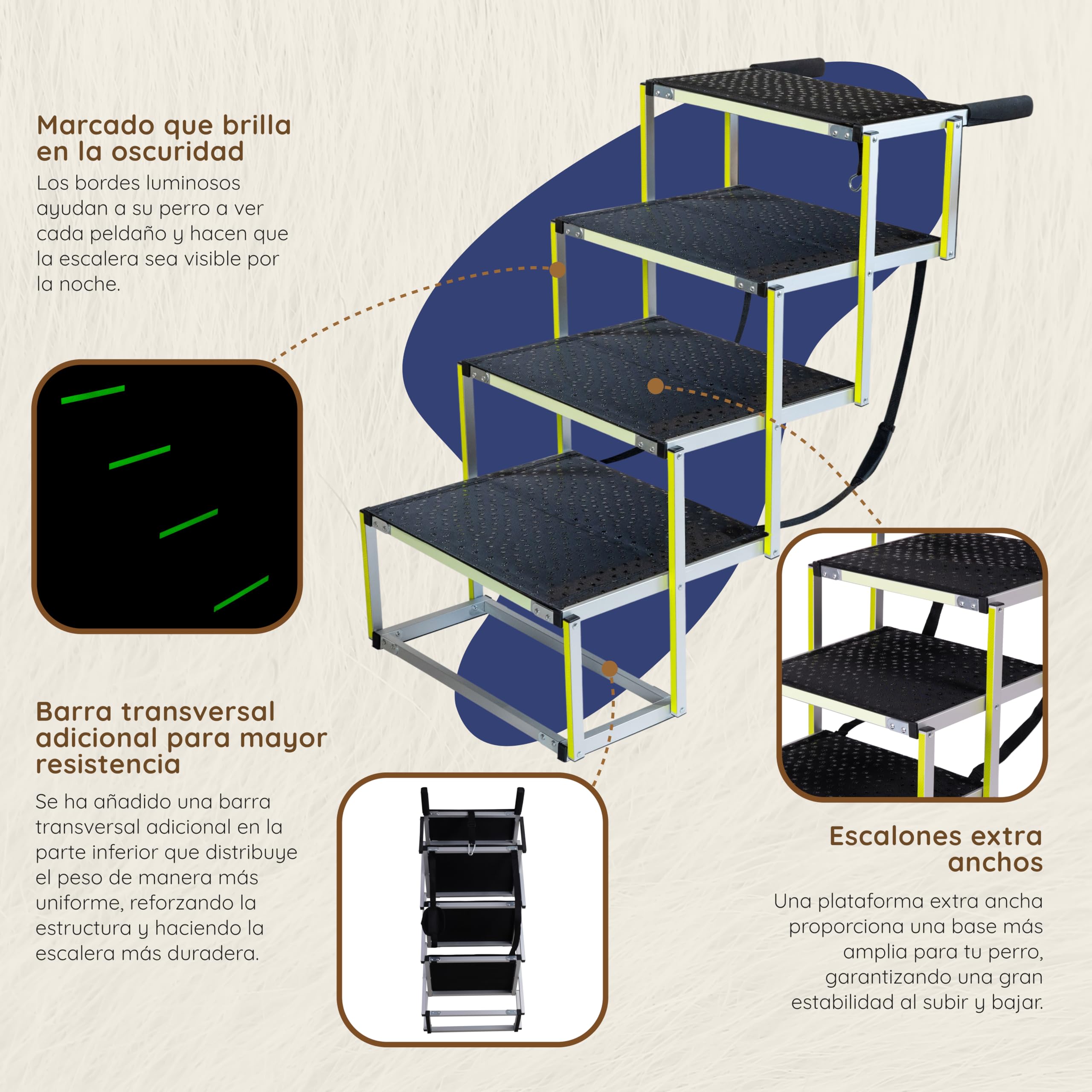 Escalera para Perros Coche Plegable – Escalera Extra Ancha para Perro Grandes – Rampa para Coches Altos y SUV – Brilla en la Oscuridad – Superficie Antideslizante – hasta 105 kg – 4 peldaños