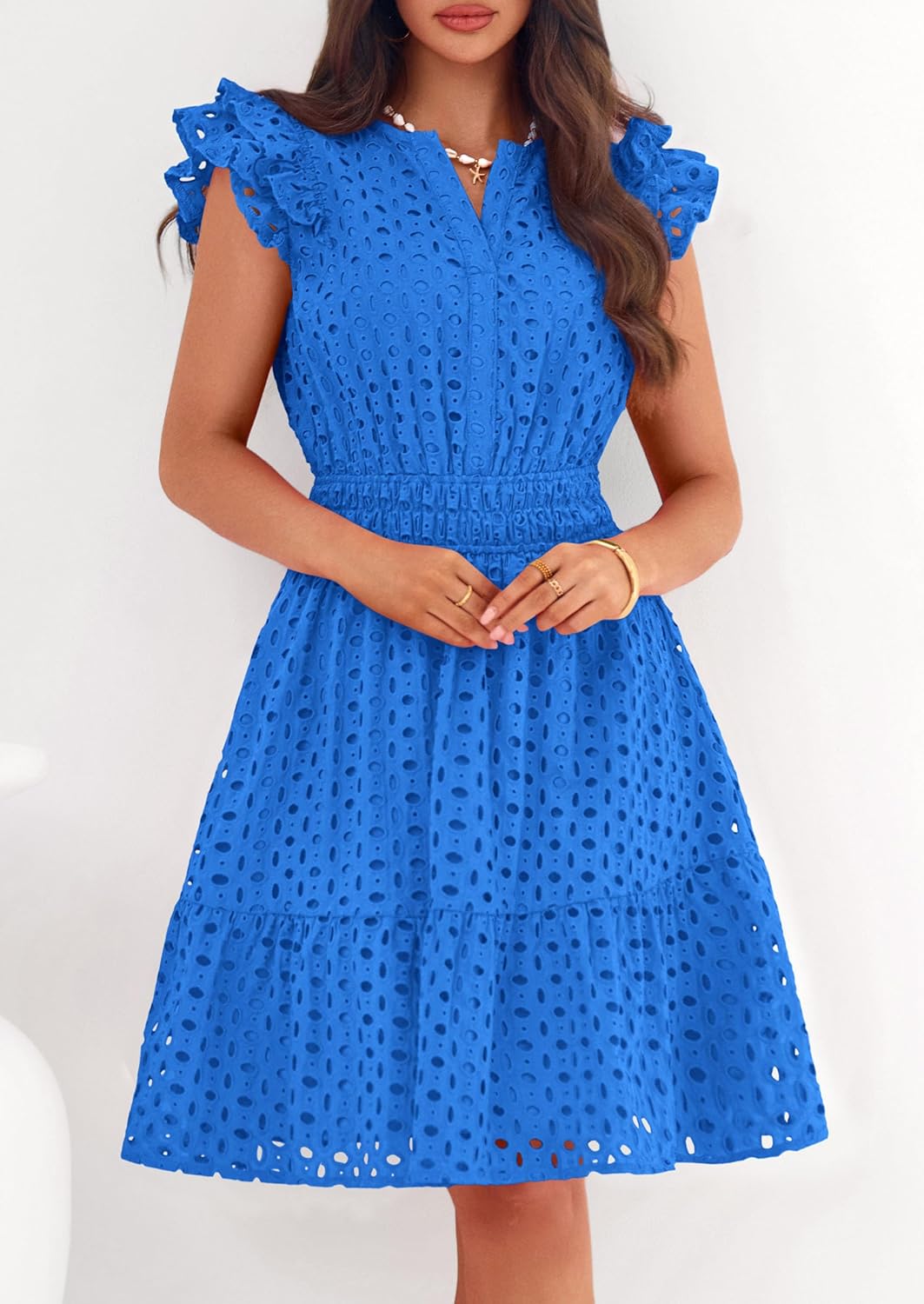 PRETTYGARDEN Women's 2026 Summer Sundresses Eyelet Cap Sleeve V Neck Short Boho Wedding Guest Dress Beach Vacation Clothes - Image 2