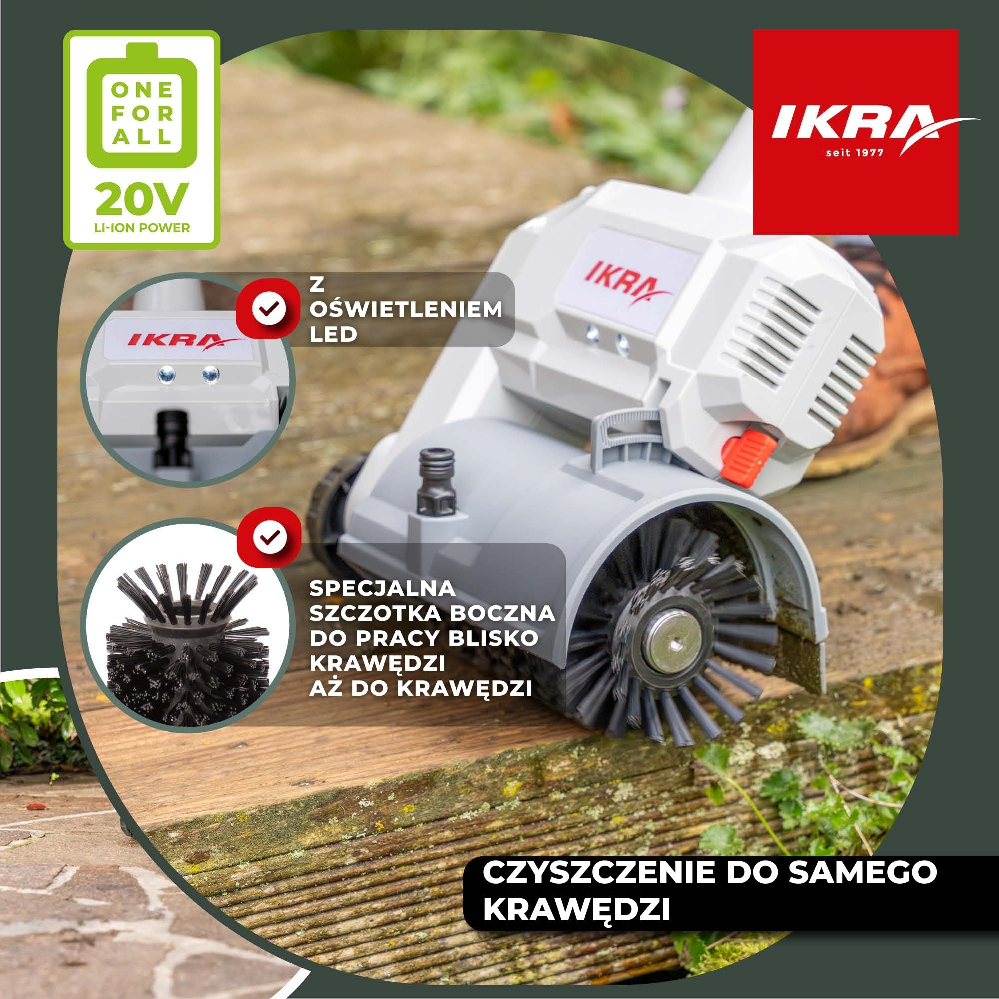 IKRA Akumulatorowa szczotka do powierzchni i fug Vario Brush IATR 20 | W zestawie: nylonowa szczotka do powierzchni, stalowa do fug, możliwe mycie na mokro, akumulator i ładowarka, seria 20V