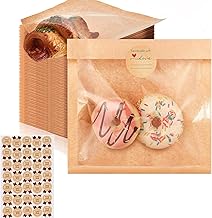 100Pcs Kraft Paper Sandwich Bags Reusable Food Lunch Bags Heat Sealable Toast Packs with Front Clear Cellophane Paper Window to Display Sweets Cookies Snacks Baking Packaging with Stickers (20 x 15cm)