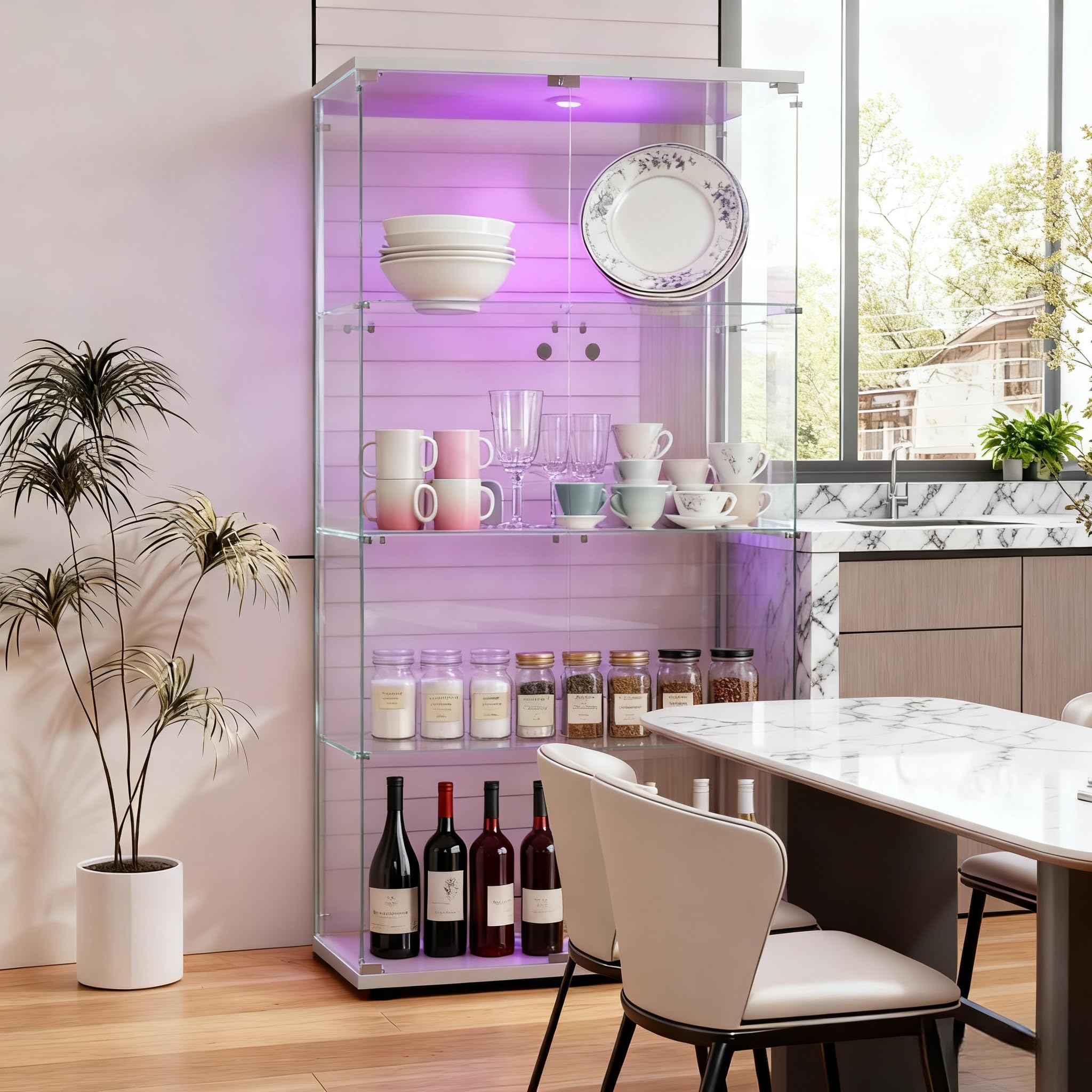 Vitrina de cristal con iluminación LED, vitrina de 4 pisos con puertas dobles, vitrina de colección, cerradura para salón, oficina, comedor y dormitorio, vitrina de cristal (blanco)