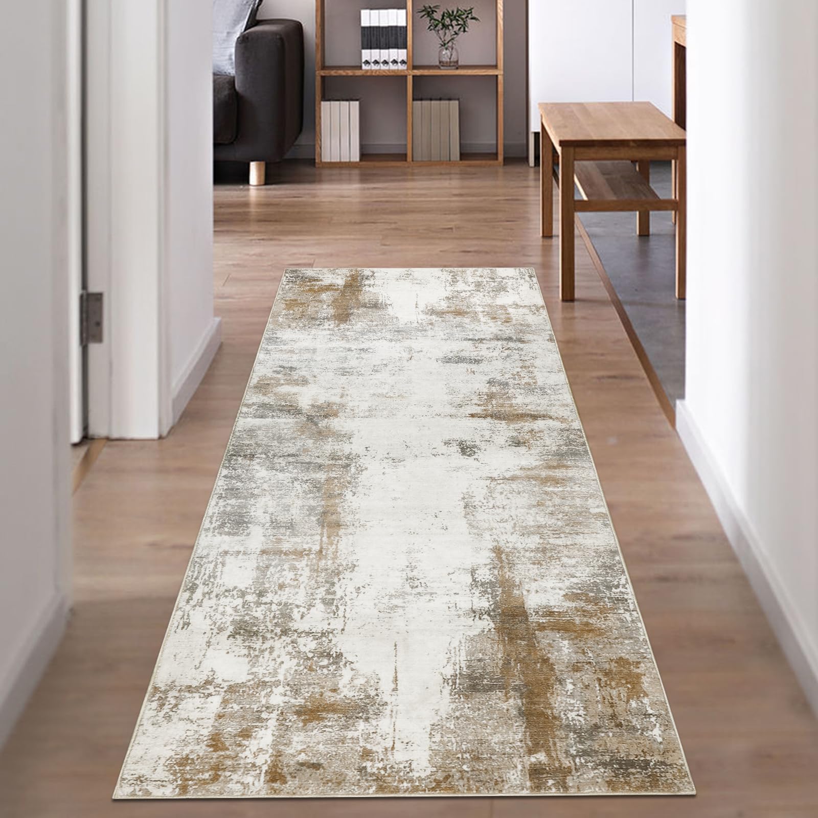Alfombra de pasillo 65x180cm antideslizante lavable moderna abstracta color beige marrón